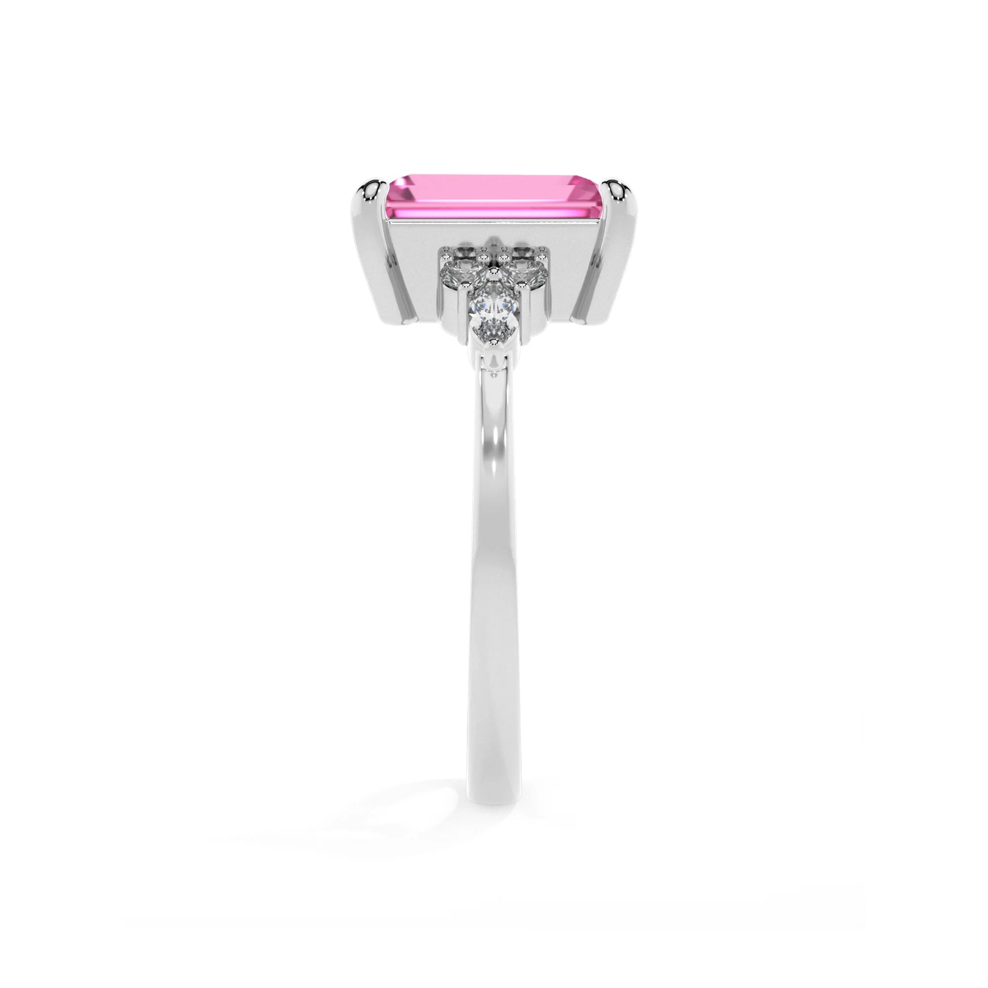 lab grown pink-sapphire emerald cut solitaire rings in sterling silver