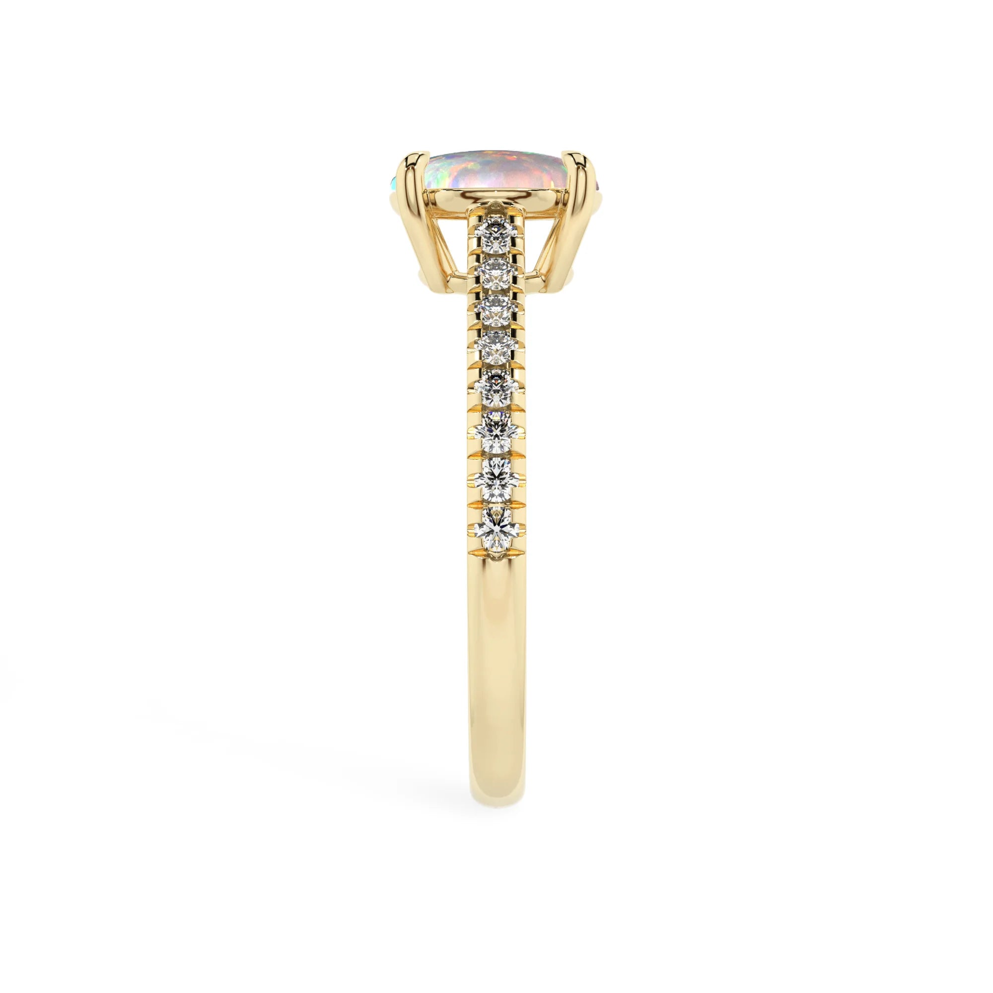 lab grown opal round half eternity solitaire engagement rings in yellow gold