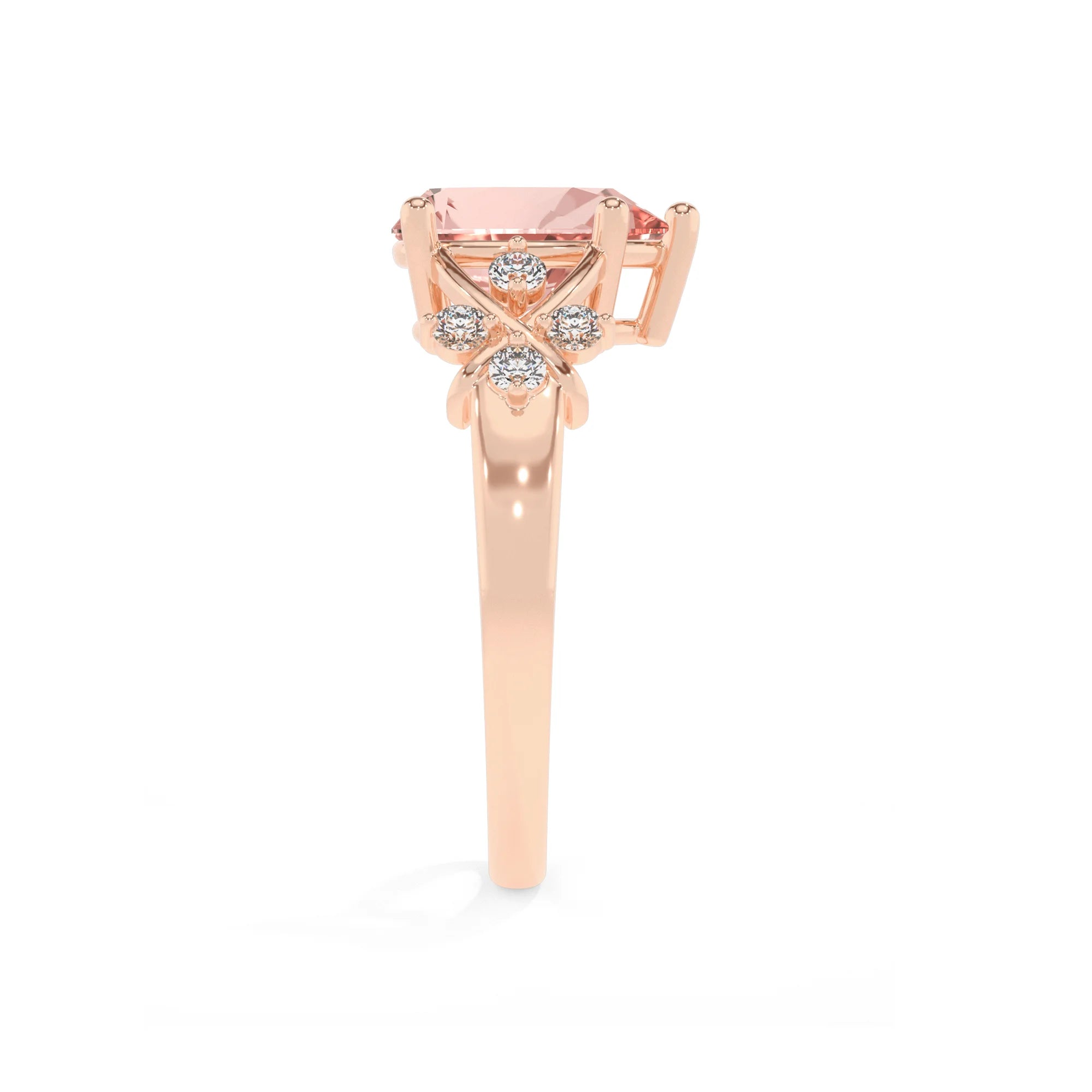 lab grown morganite pear solitaire rings in rose gold
