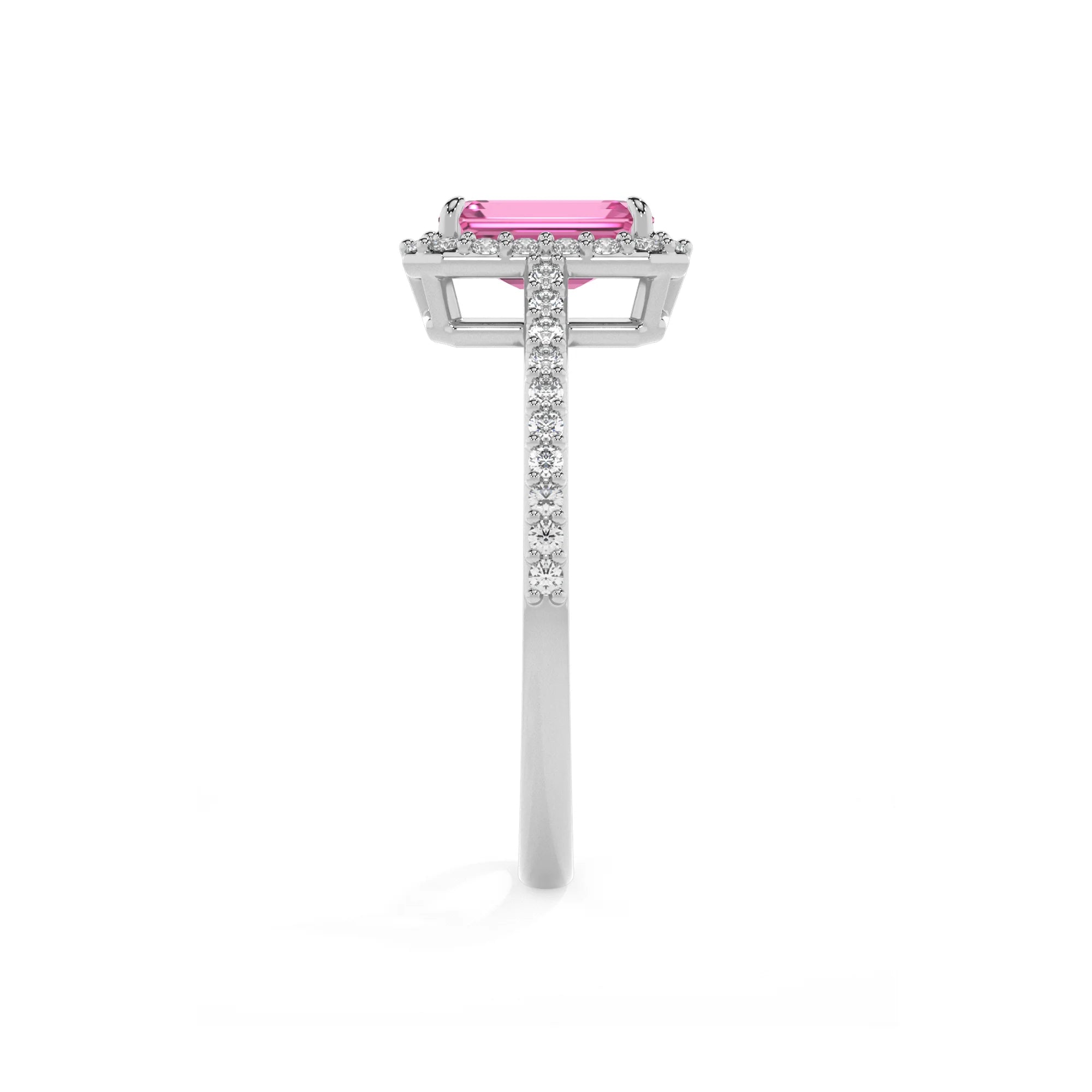 lab grown pink-sapphire emerald cut solitaire rings in sterling silver