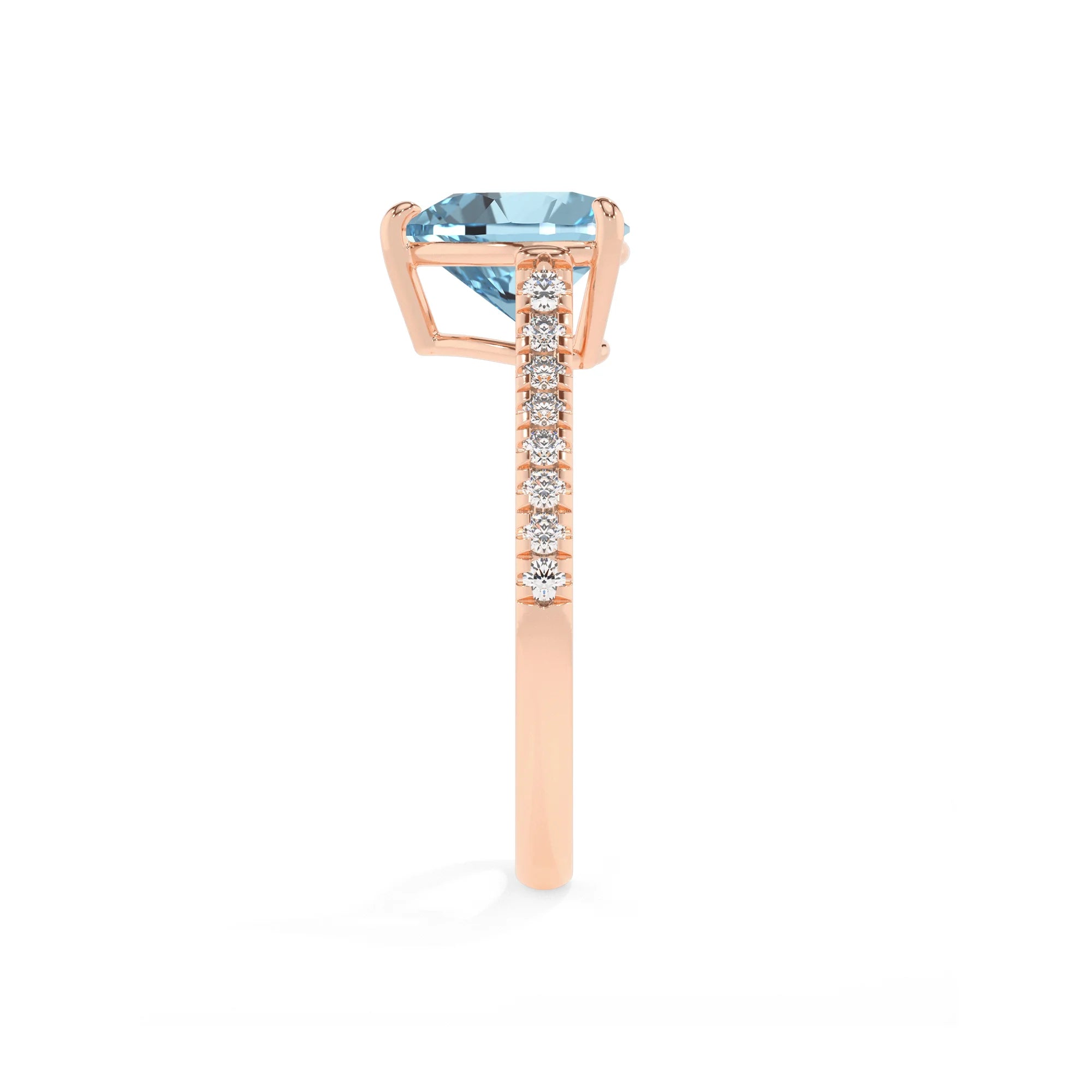 lab grown aquamarine heart half eternity solitaire engagement rings in rose gold