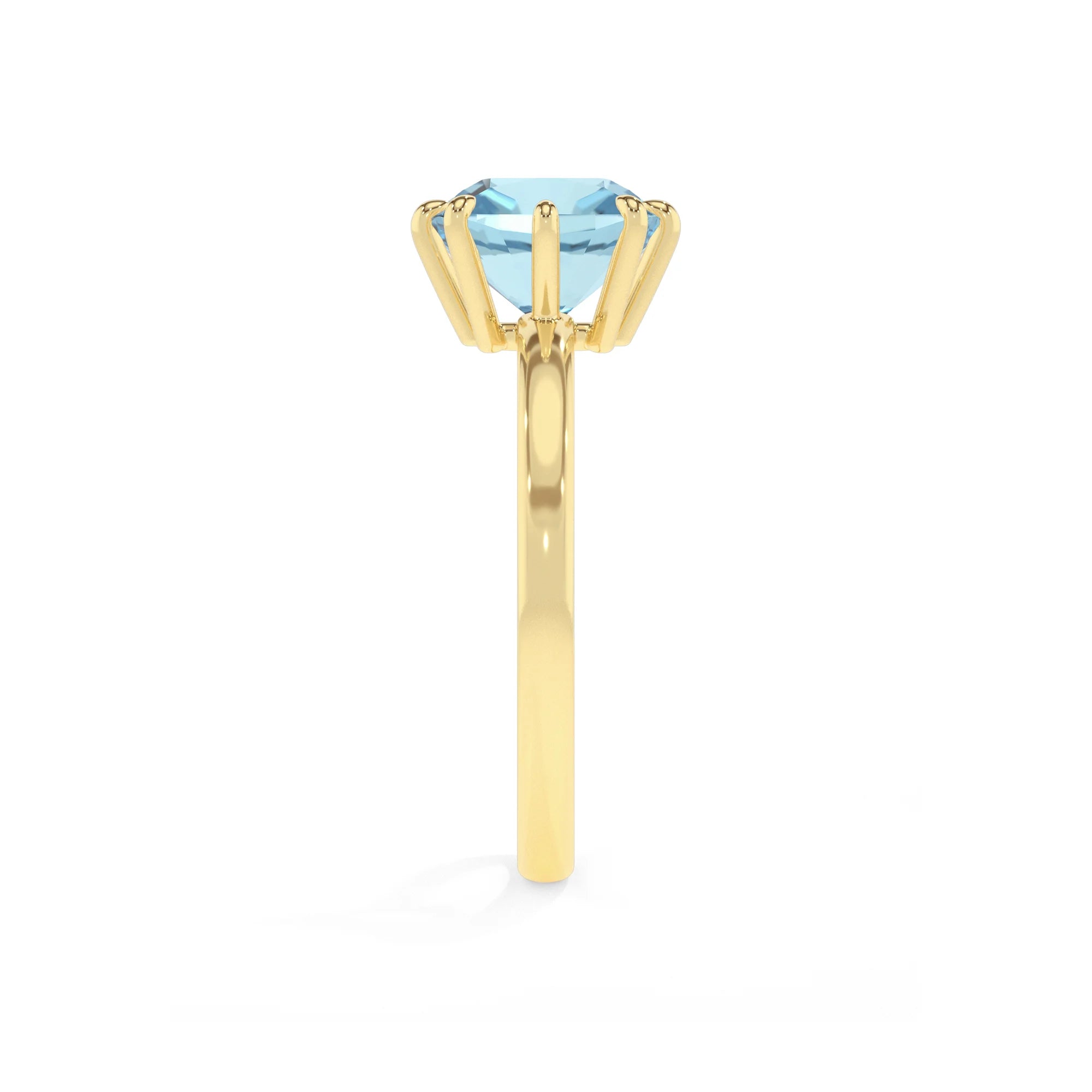 lab grown aquamarine cushion solitaire rings in yellow gold
