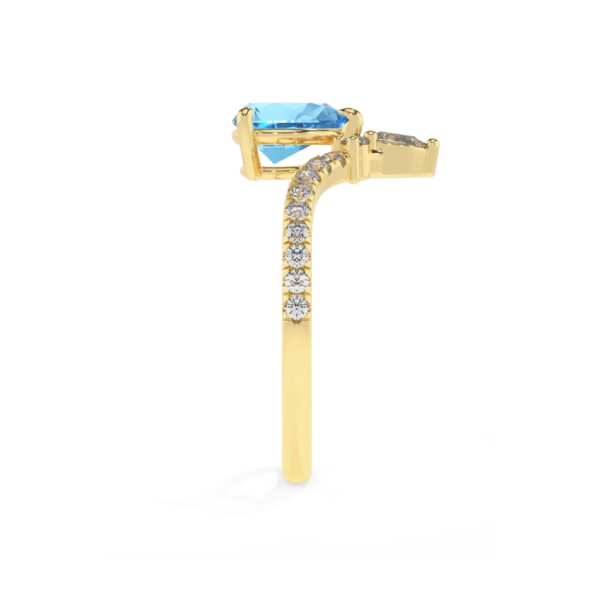 natural swiss-blue-topaz pear solitaire rings in yellow gold