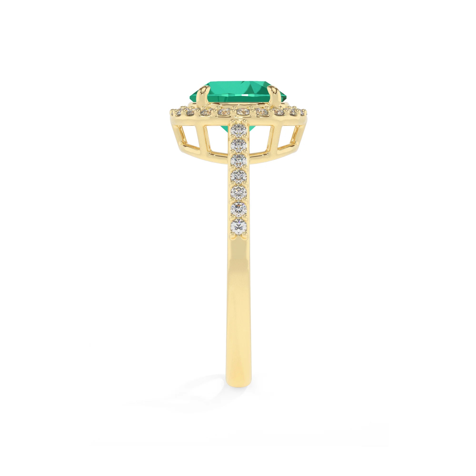 lab grown emerald round solitaire rings in yellow gold