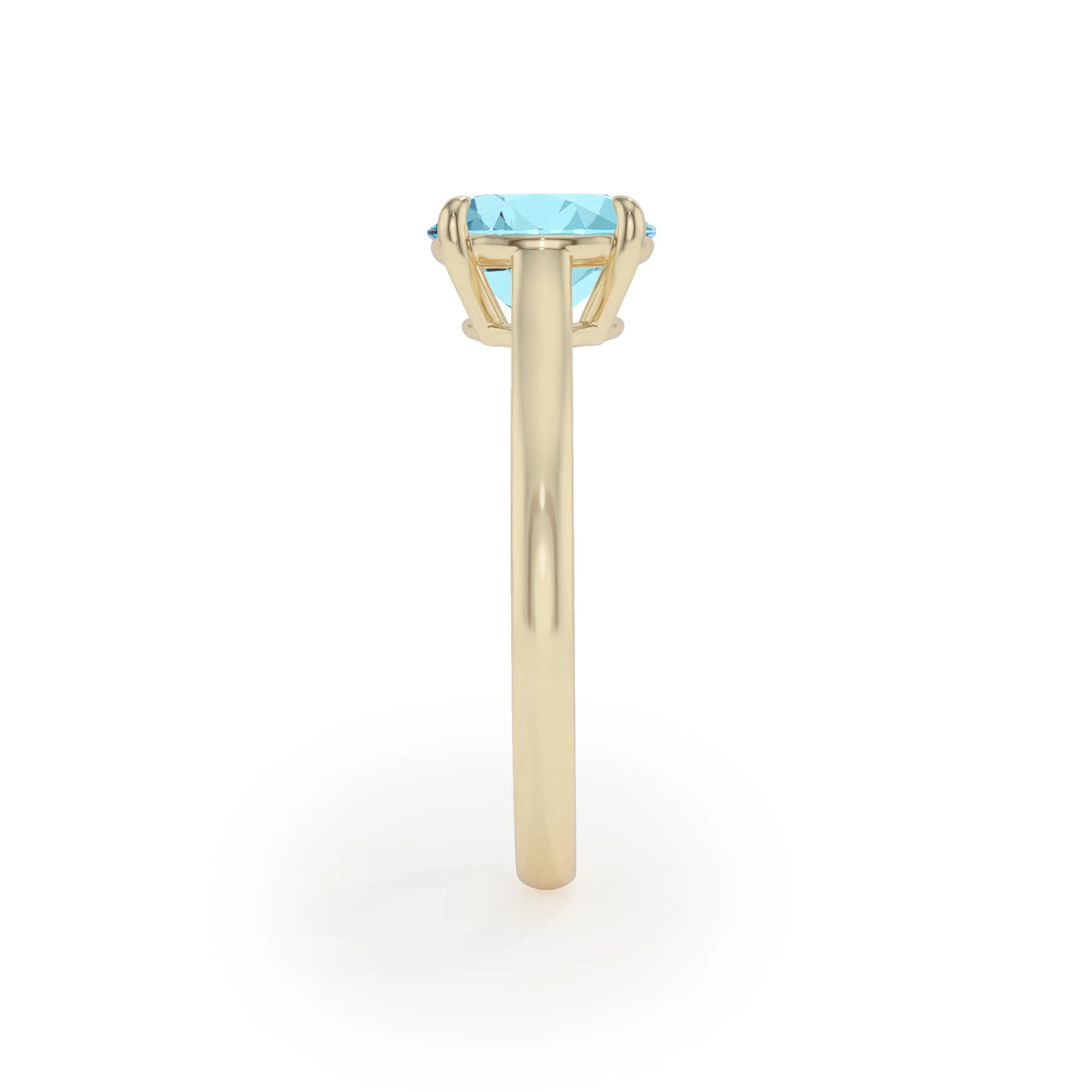 lab grown aquamarine round solitaire rings in yellow gold