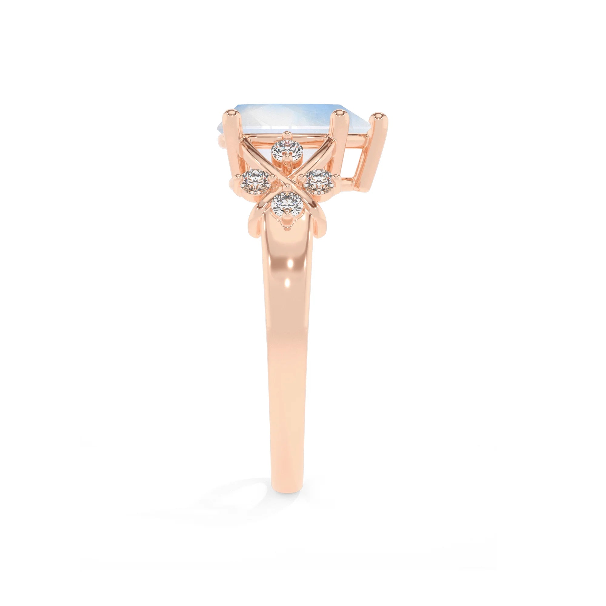 natural rainbow-moonstone pear solitaire rings in rose gold