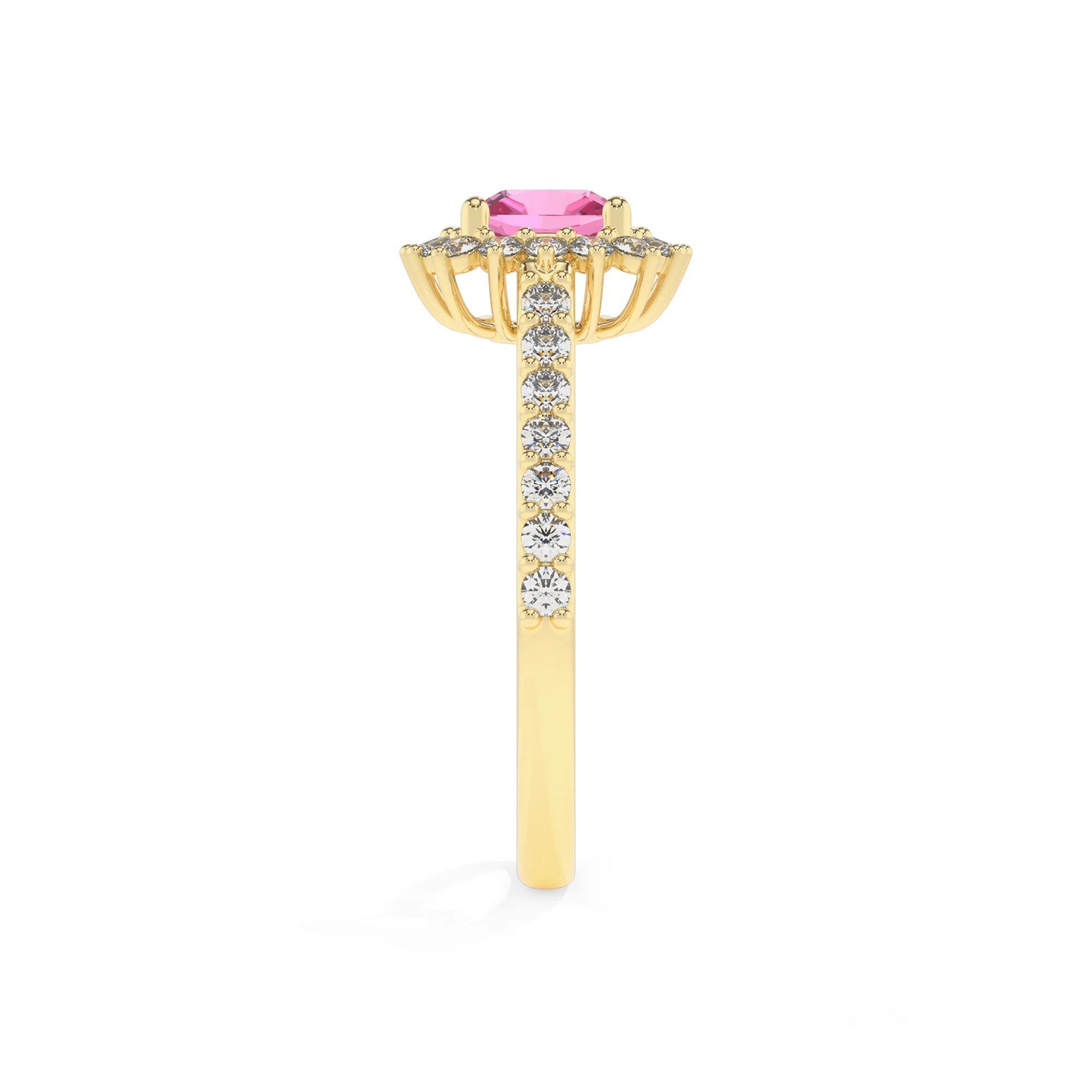 lab grown pink-sapphire cushion solitaire rings in yellow gold