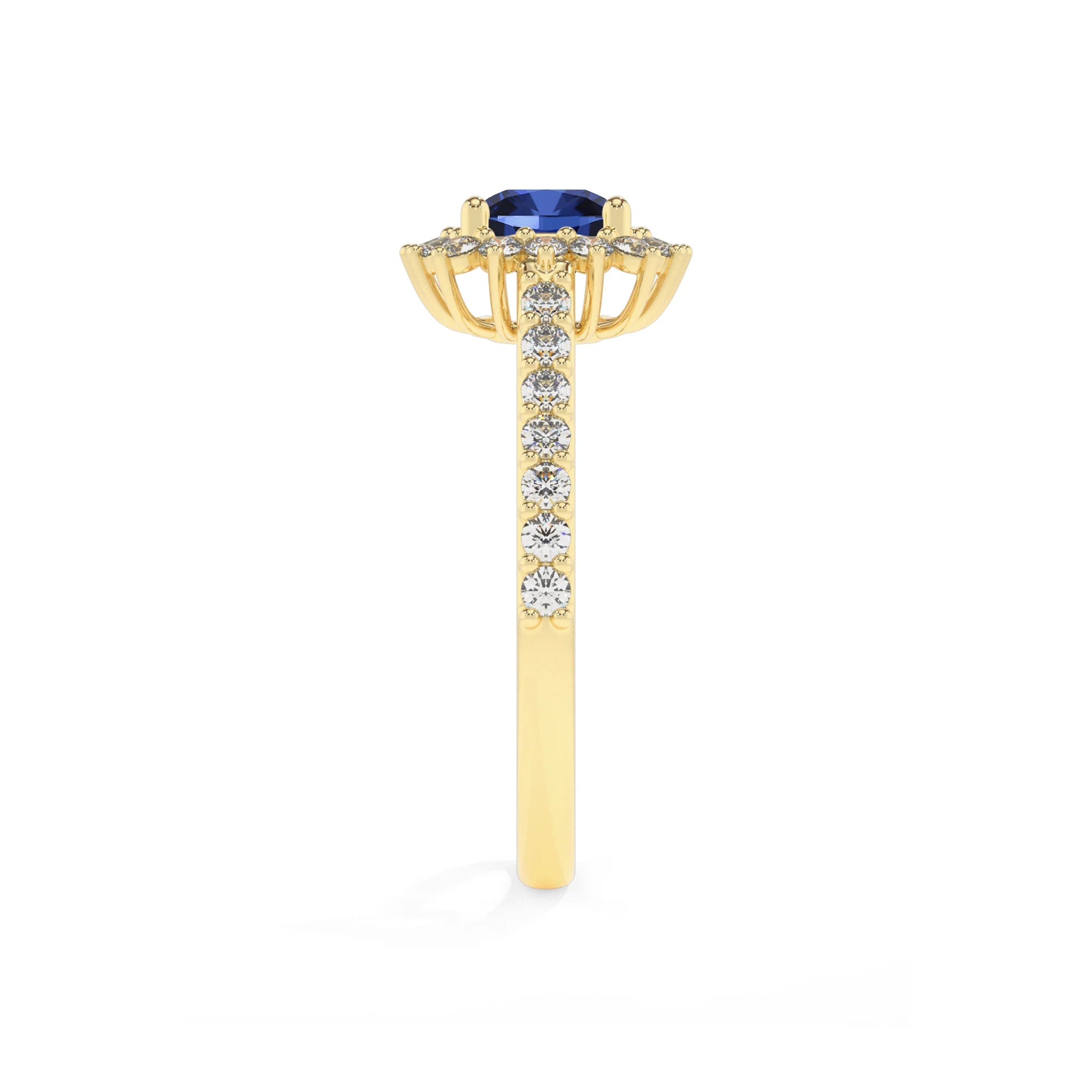 lab grown blue-sapphire cushion solitaire rings in yellow gold
