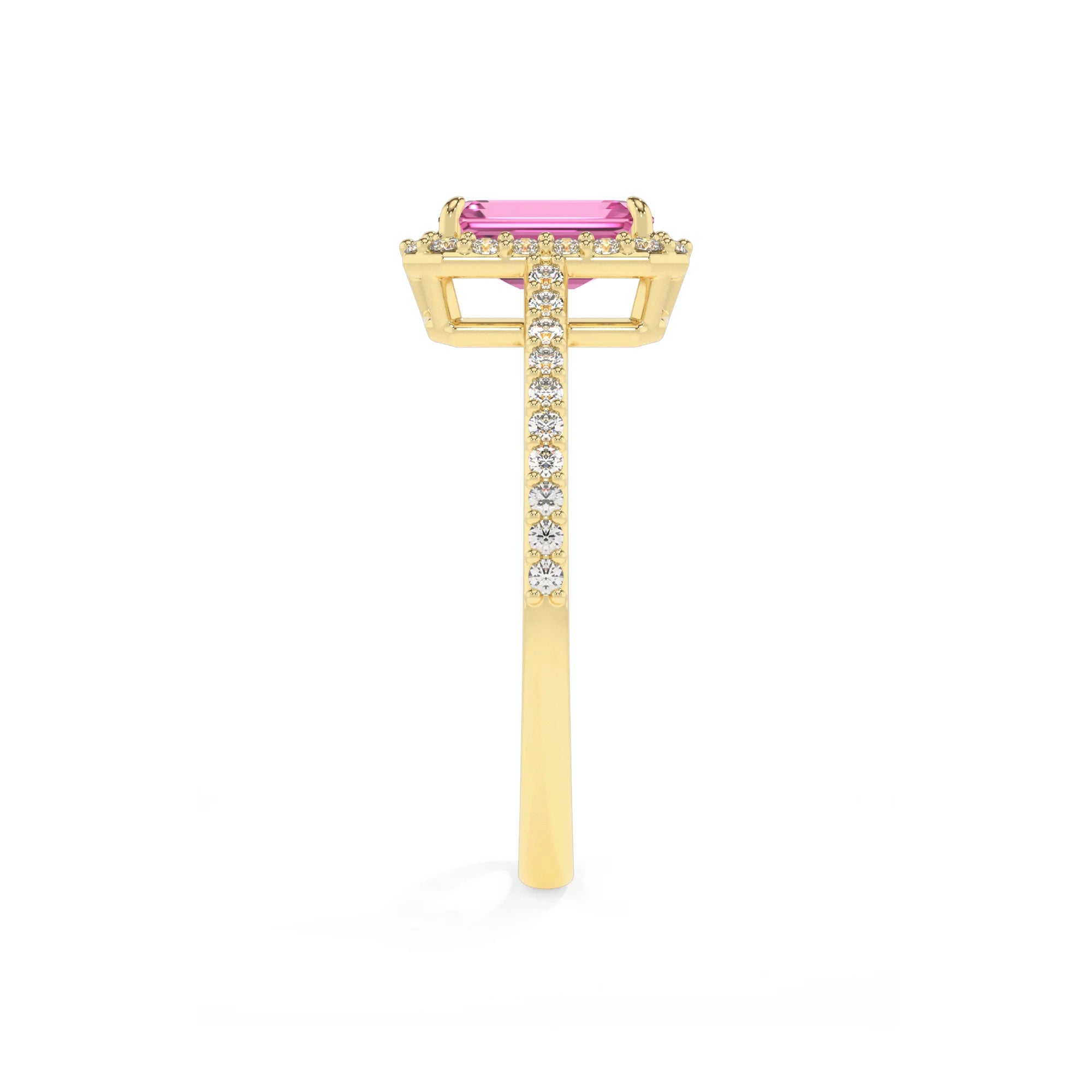 lab grown pink-sapphire emerald cut solitaire rings in yellow gold