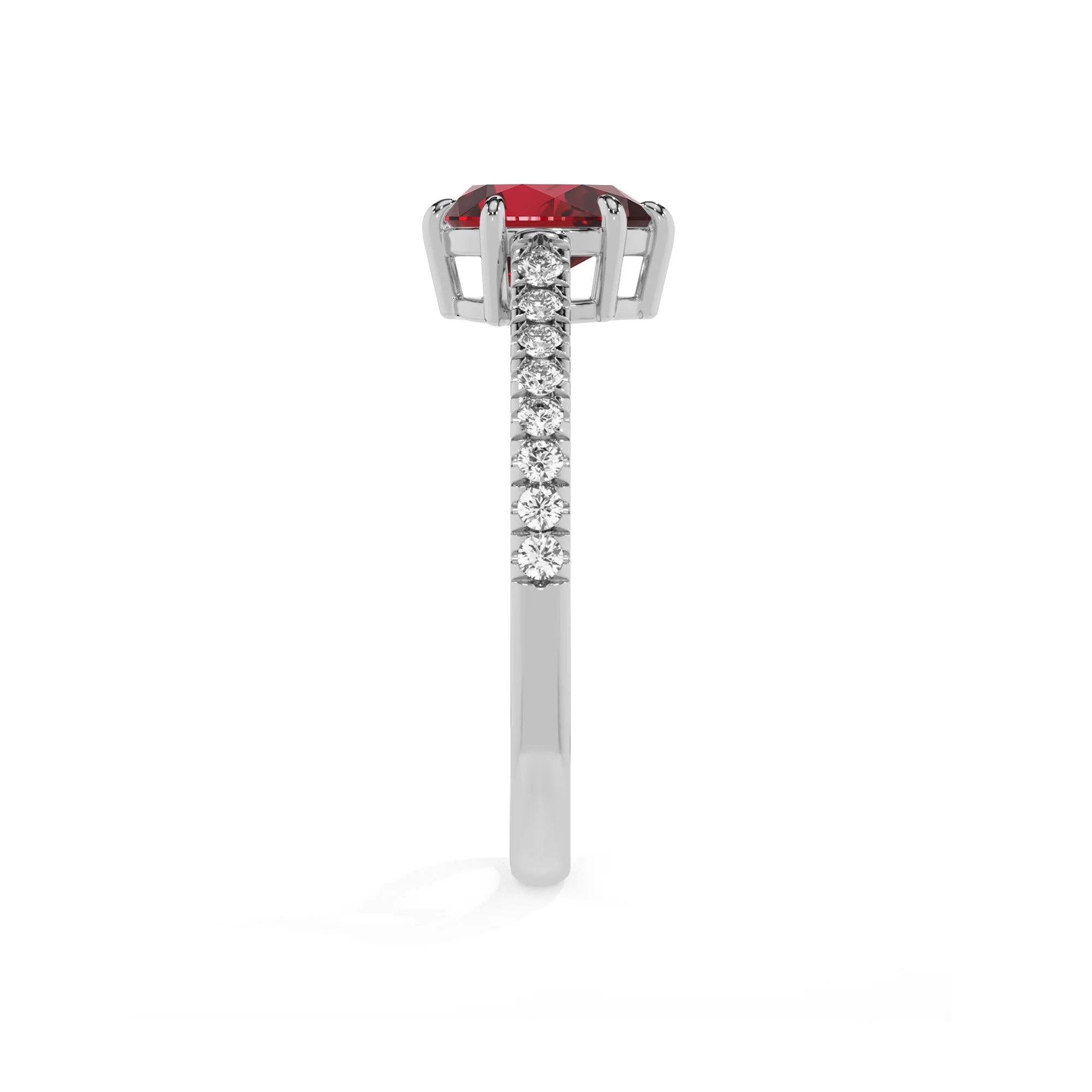 lab grown ruby pear half eternity solitaire engagement rings in white gold