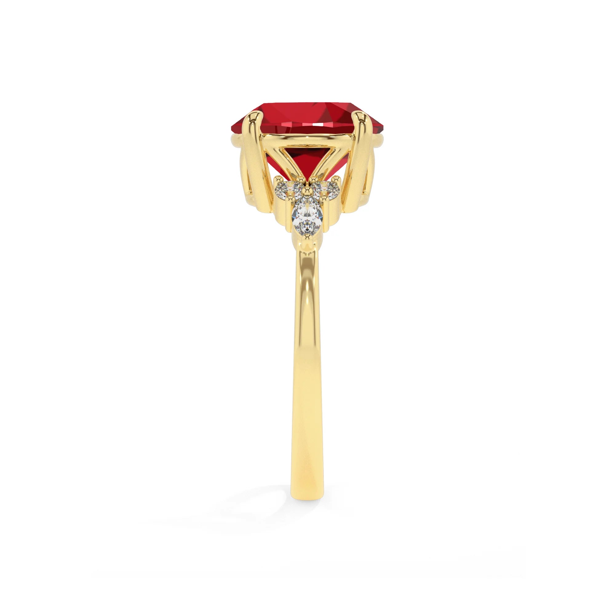 lab grown ruby round solitaire rings in yellow gold