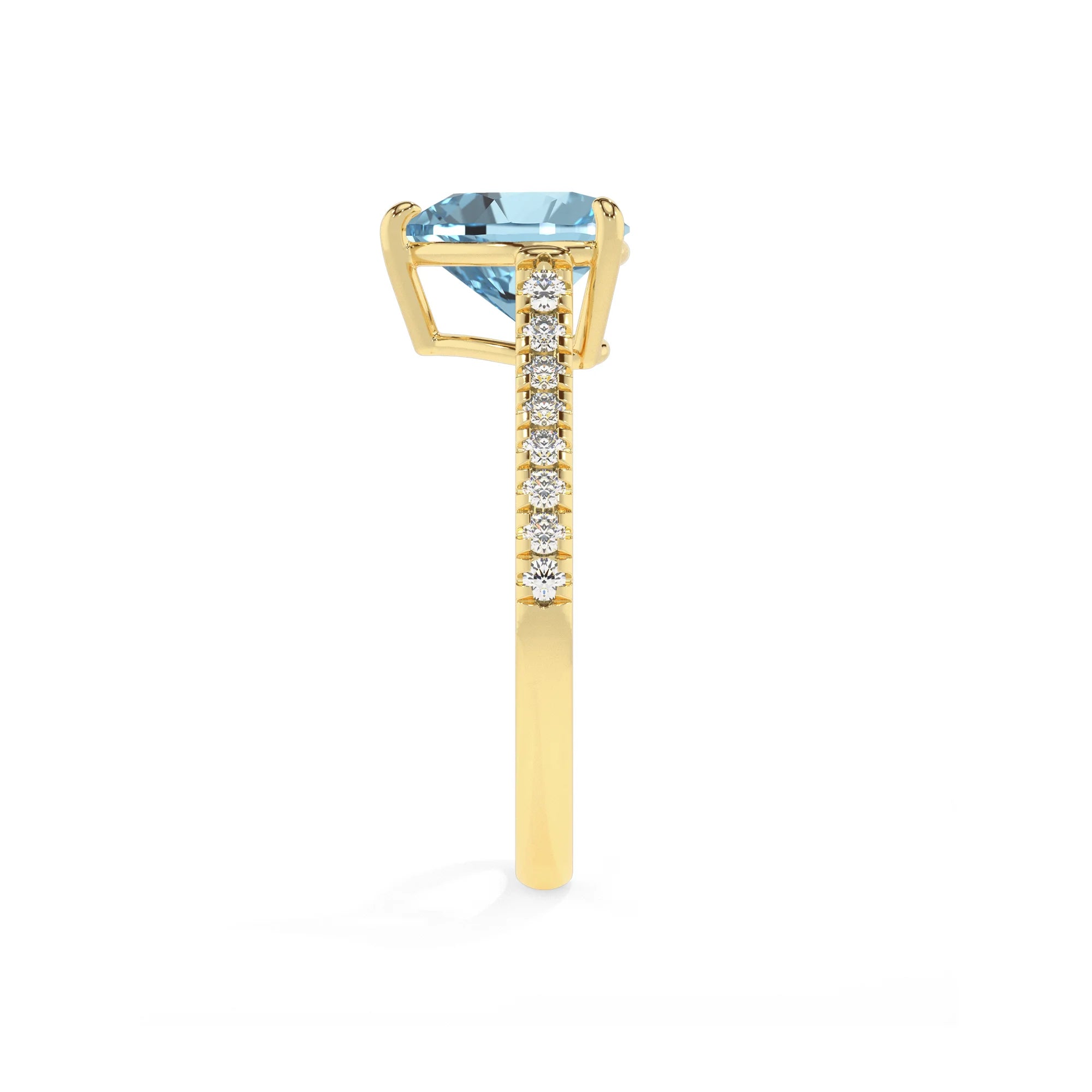 lab grown aquamarine heart half eternity solitaire engagement rings in yellow gold