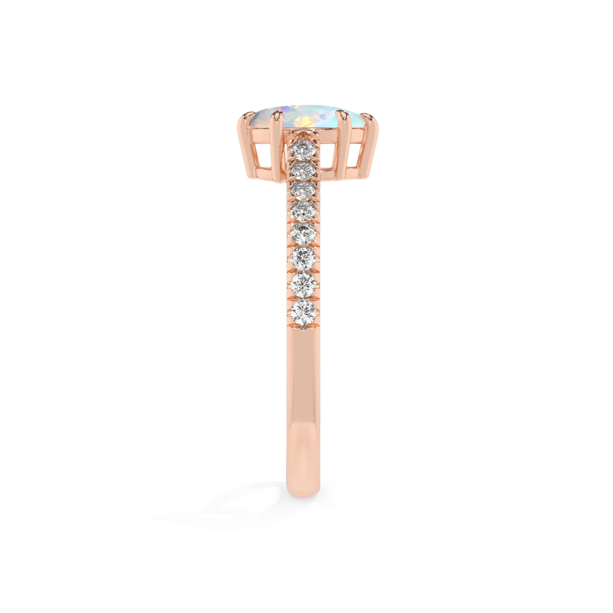lab grown opal pear half eternity solitaire engagement rings in rose gold