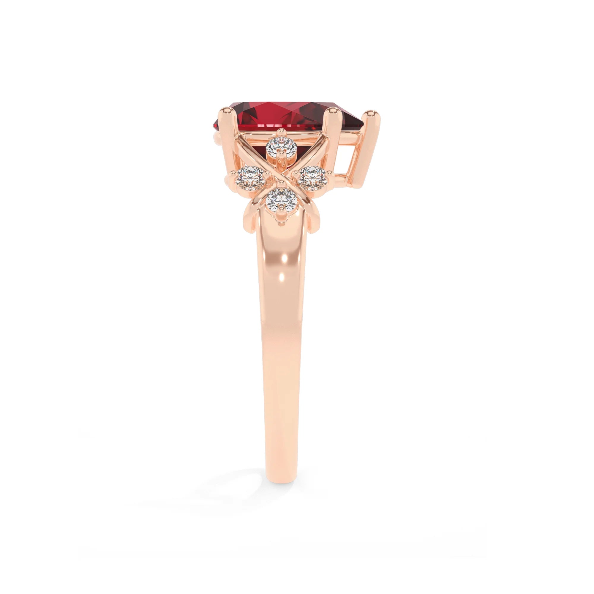 lab grown ruby pear solitaire rings in rose gold