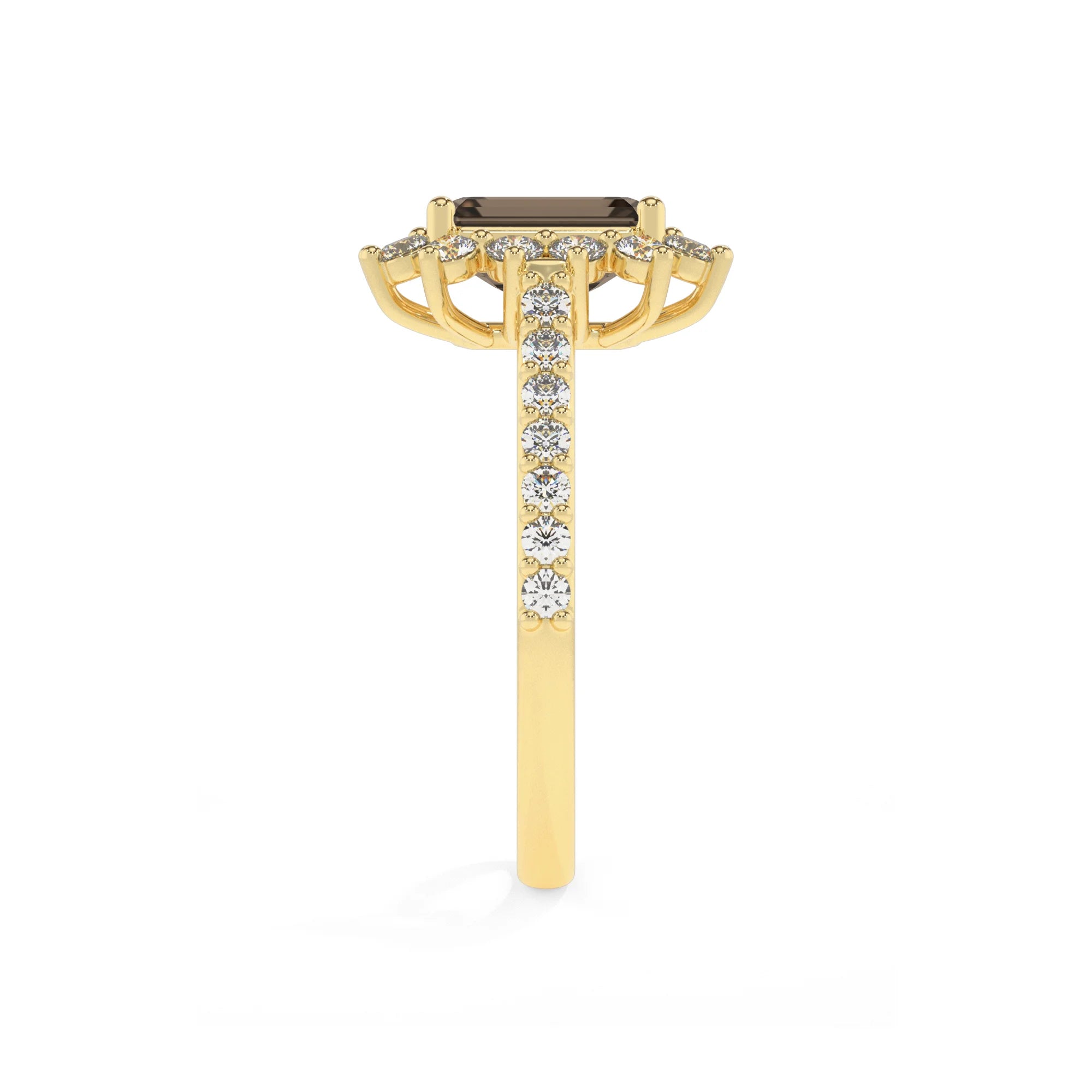 natural smoky-quartz emerald cut solitaire rings in yellow gold