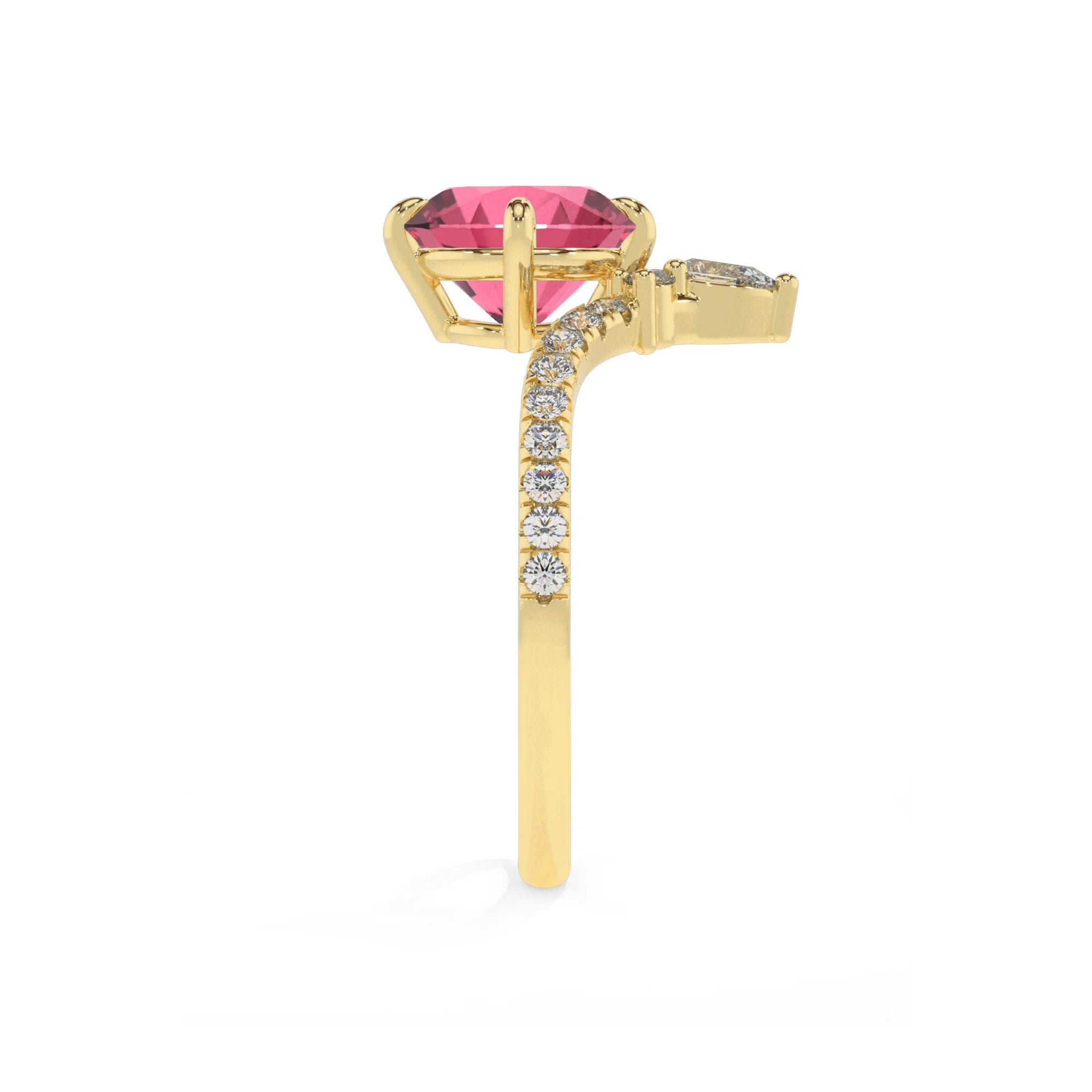 lab grown pink-tourmaline round solitaire rings in yellow gold