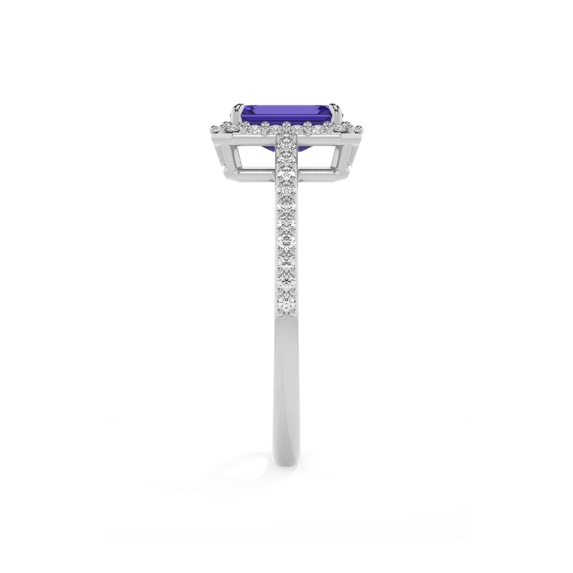 lab grown tanzanite emerald cut solitaire rings in platinum