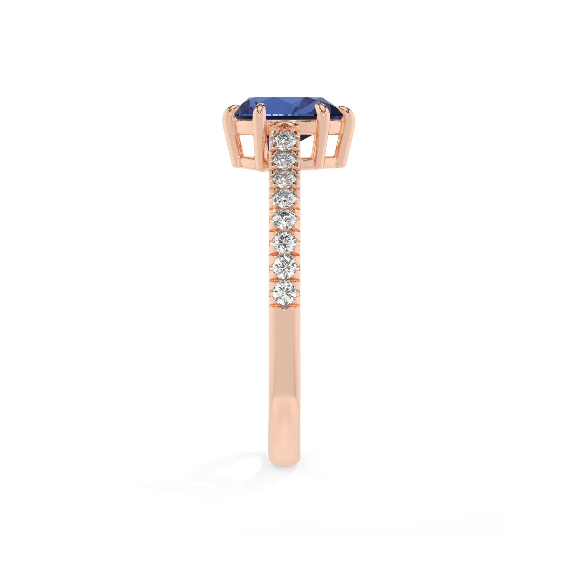 lab grown blue-sapphire pear half eternity solitaire engagement rings in rose gold