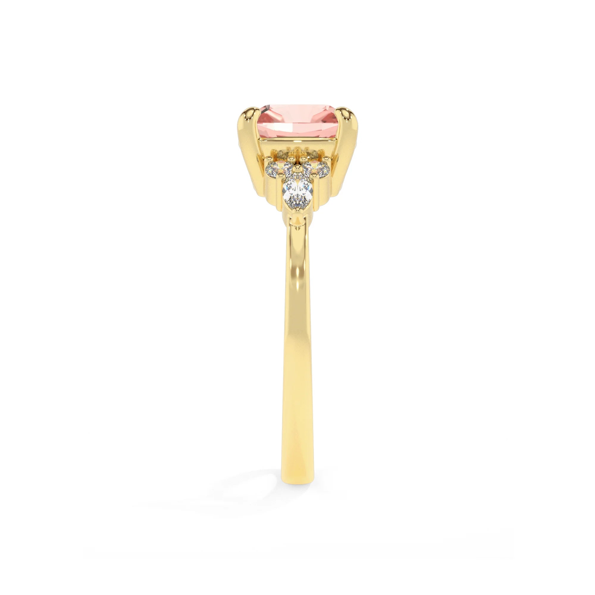 lab grown morganite cushion solitaire rings in yellow gold