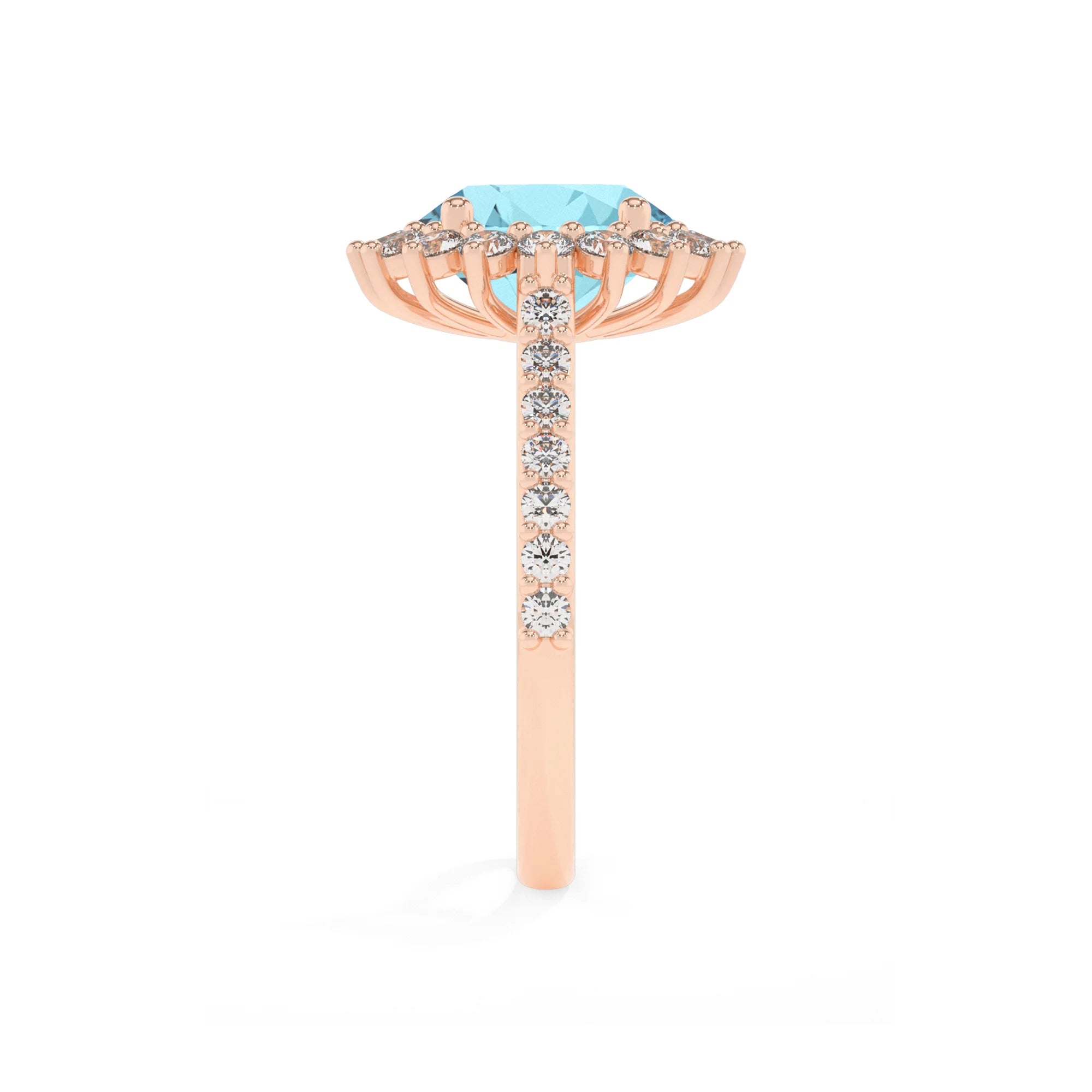 lab grown aquamarine round solitaire rings in rose gold