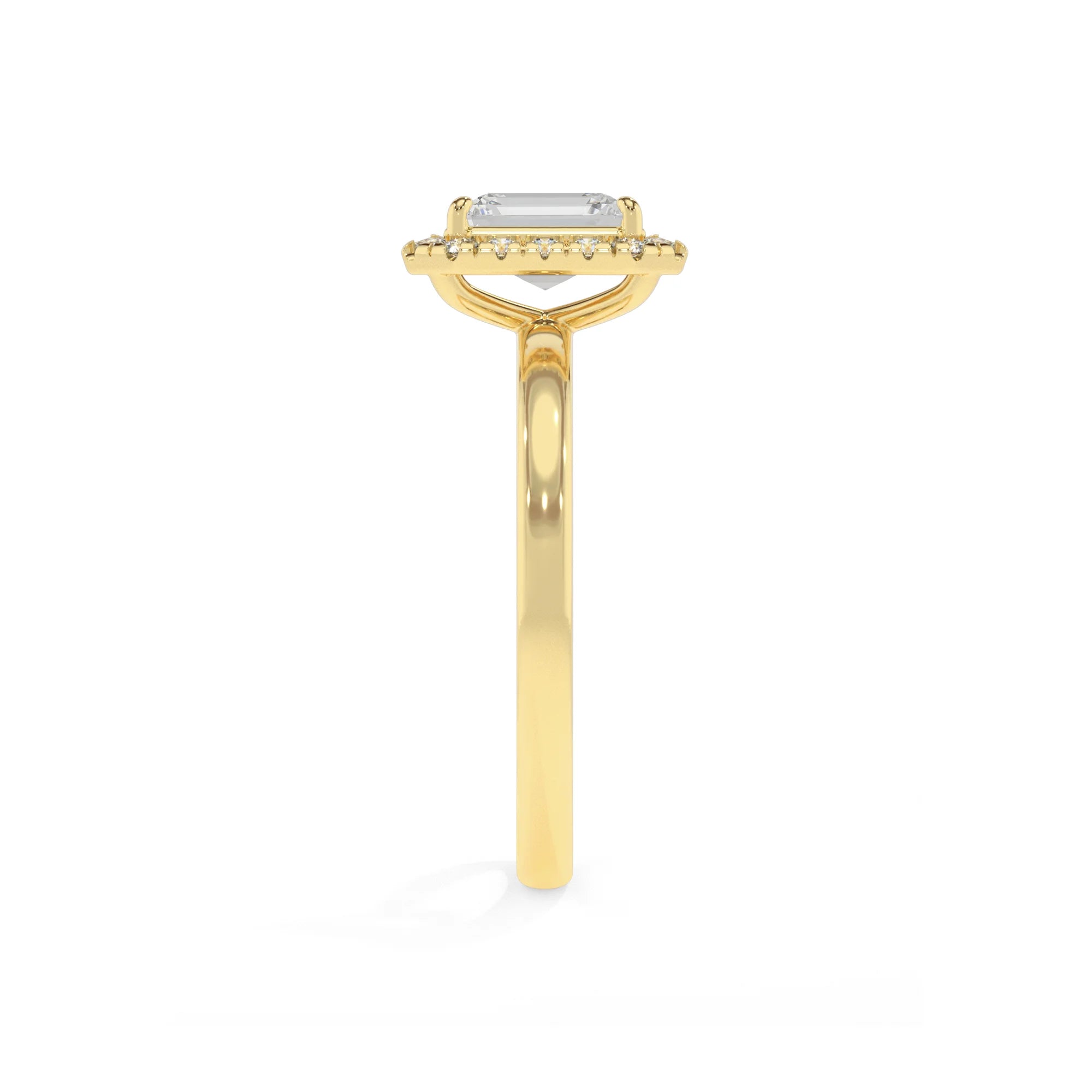 lab grown moissanite emerald cut solitaire rings in yellow gold