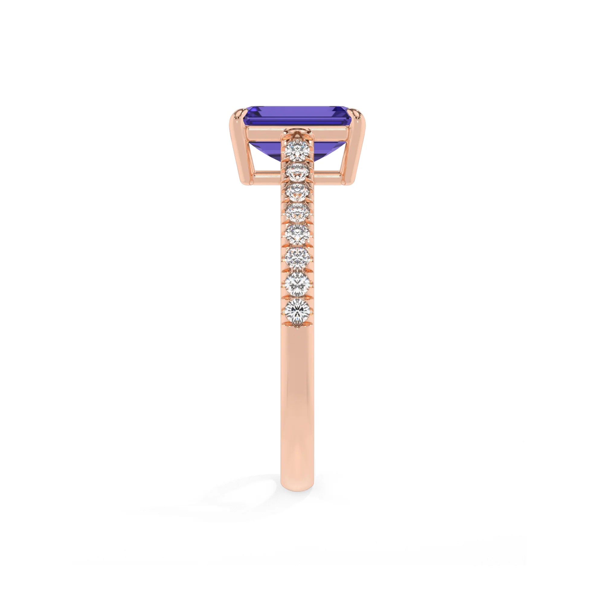 lab grown tanzanite emerald cut half eternity solitaire engagement rings in rose gold