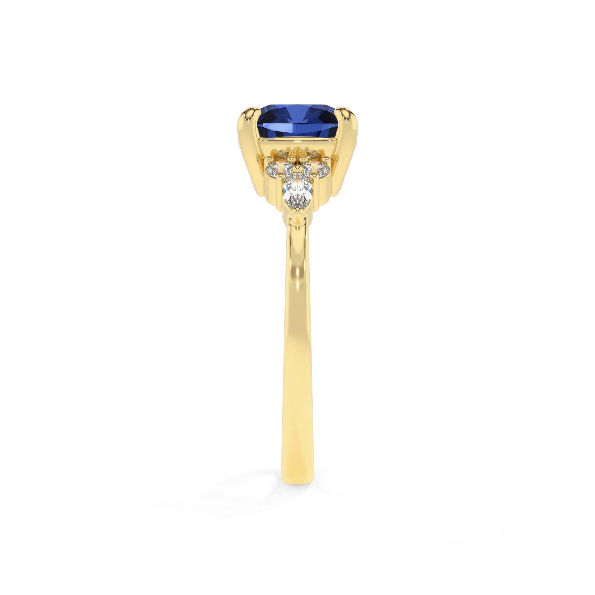 lab grown blue-sapphire cushion solitaire rings in yellow gold