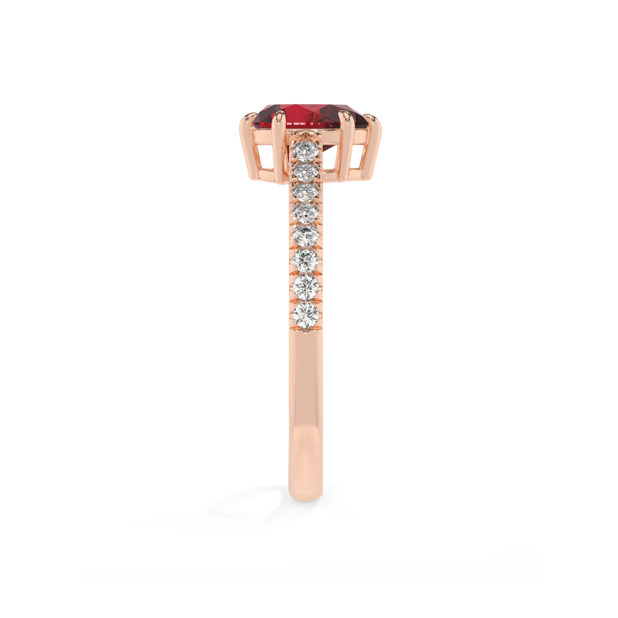 lab grown ruby pear half eternity solitaire engagement rings in rose gold