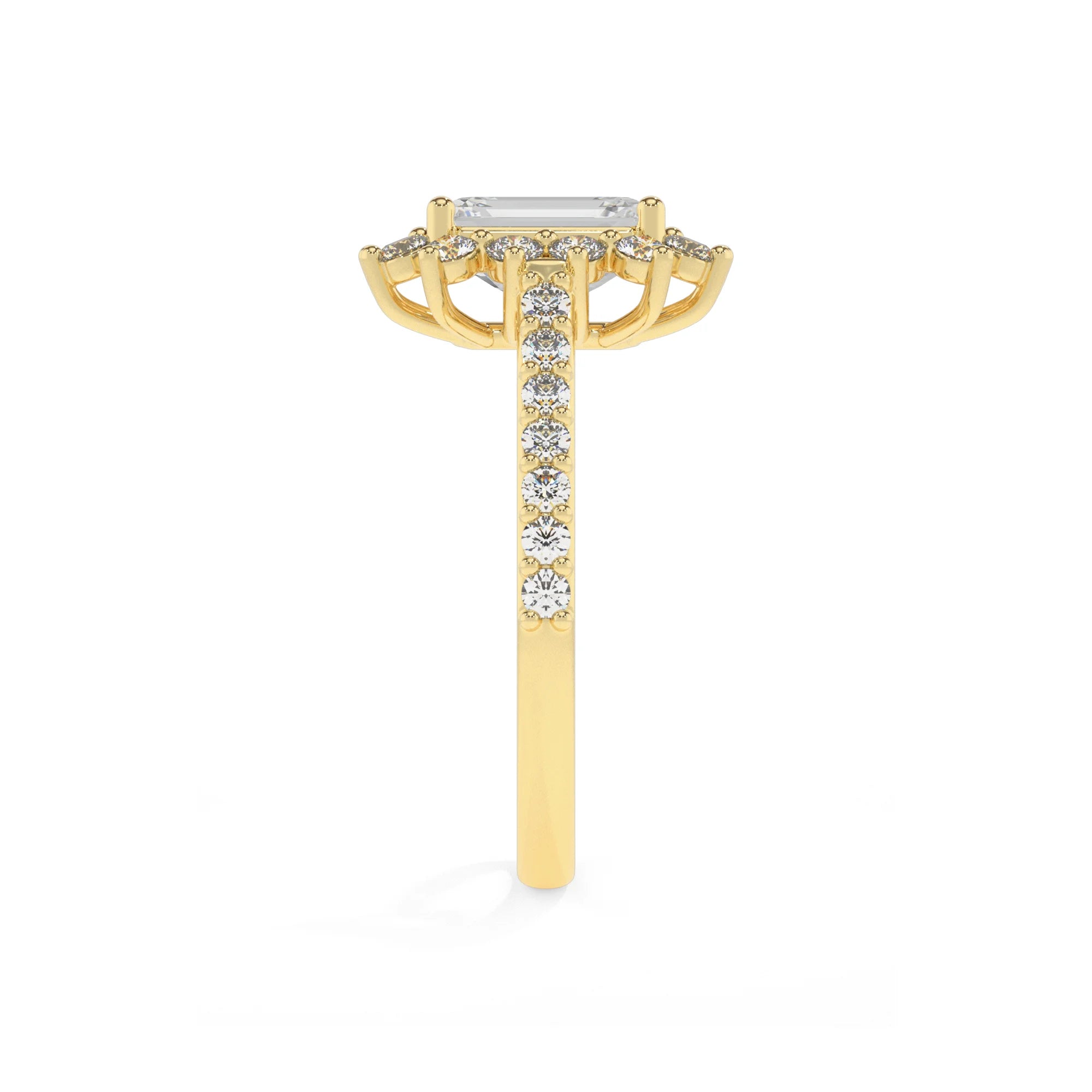 lab grown moissanite emerald cut solitaire rings in yellow gold