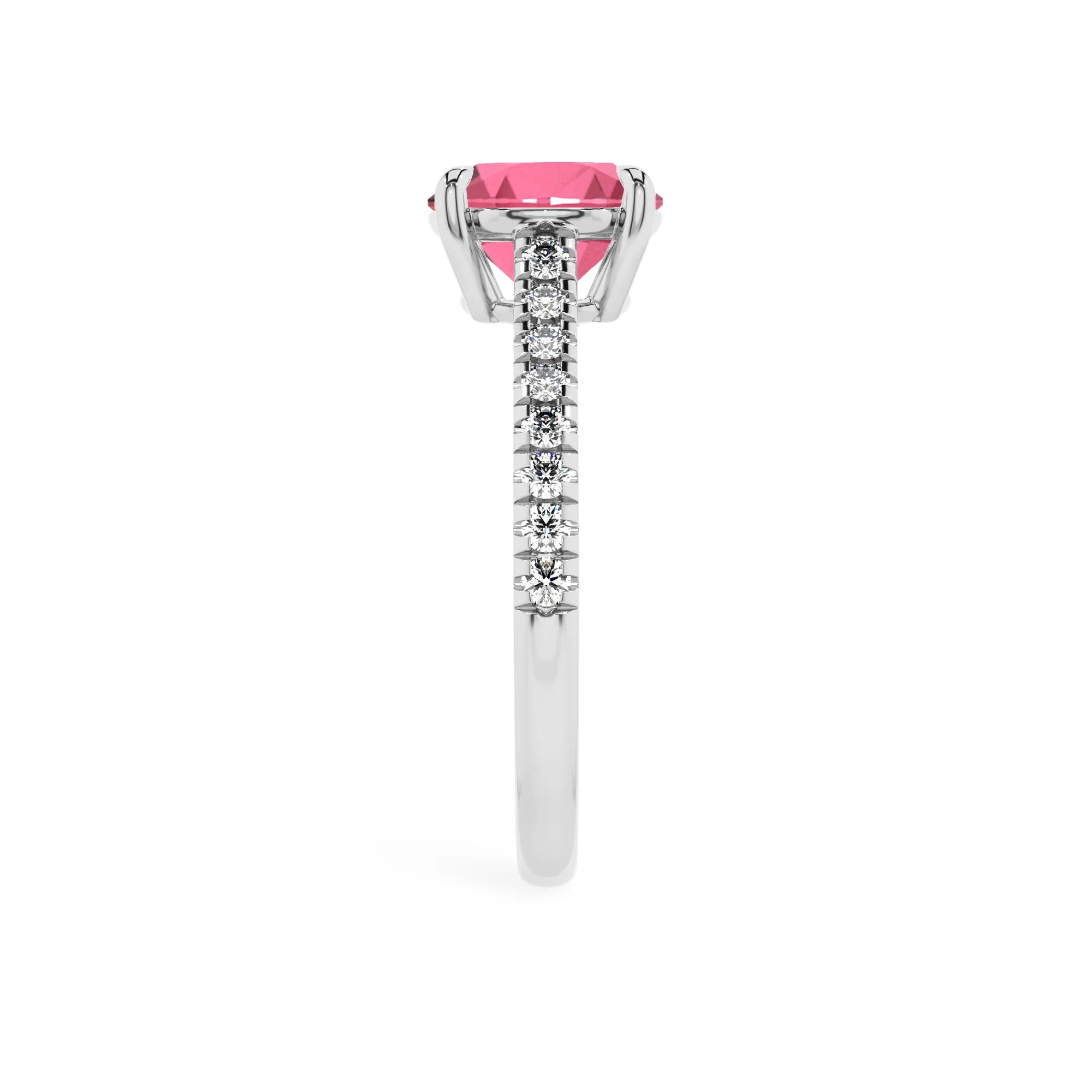 lab grown pink-tourmaline round half eternity solitaire engagement rings in white gold