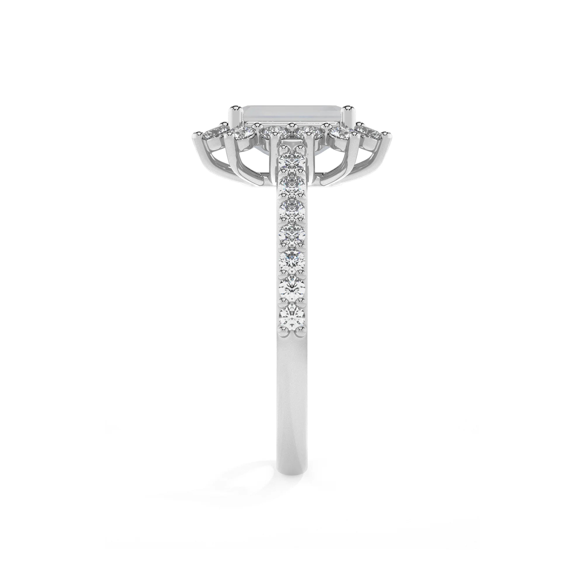natural rainbow-moonstone emerald cut solitaire rings in white gold