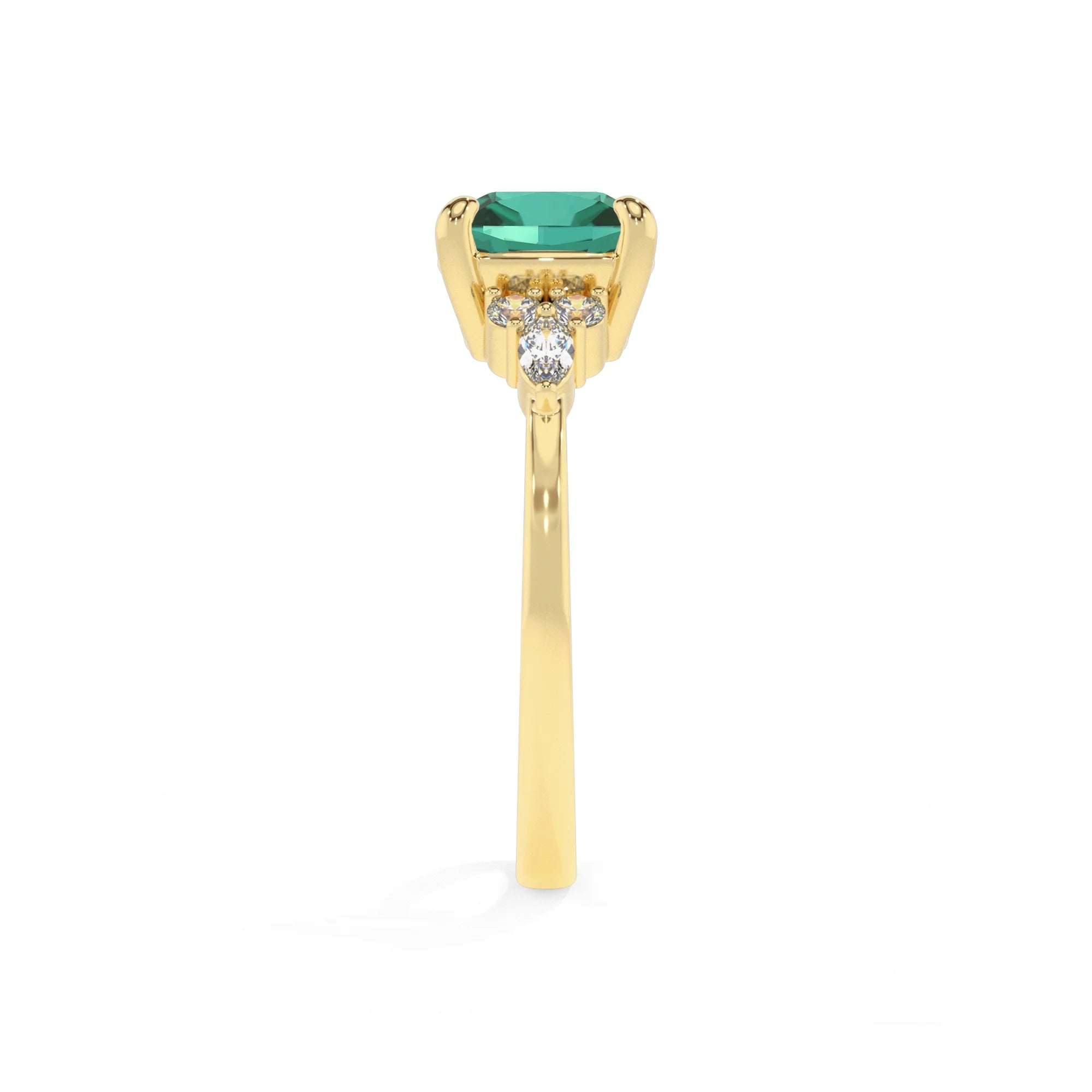 lab grown emerald cushion solitaire rings in yellow gold