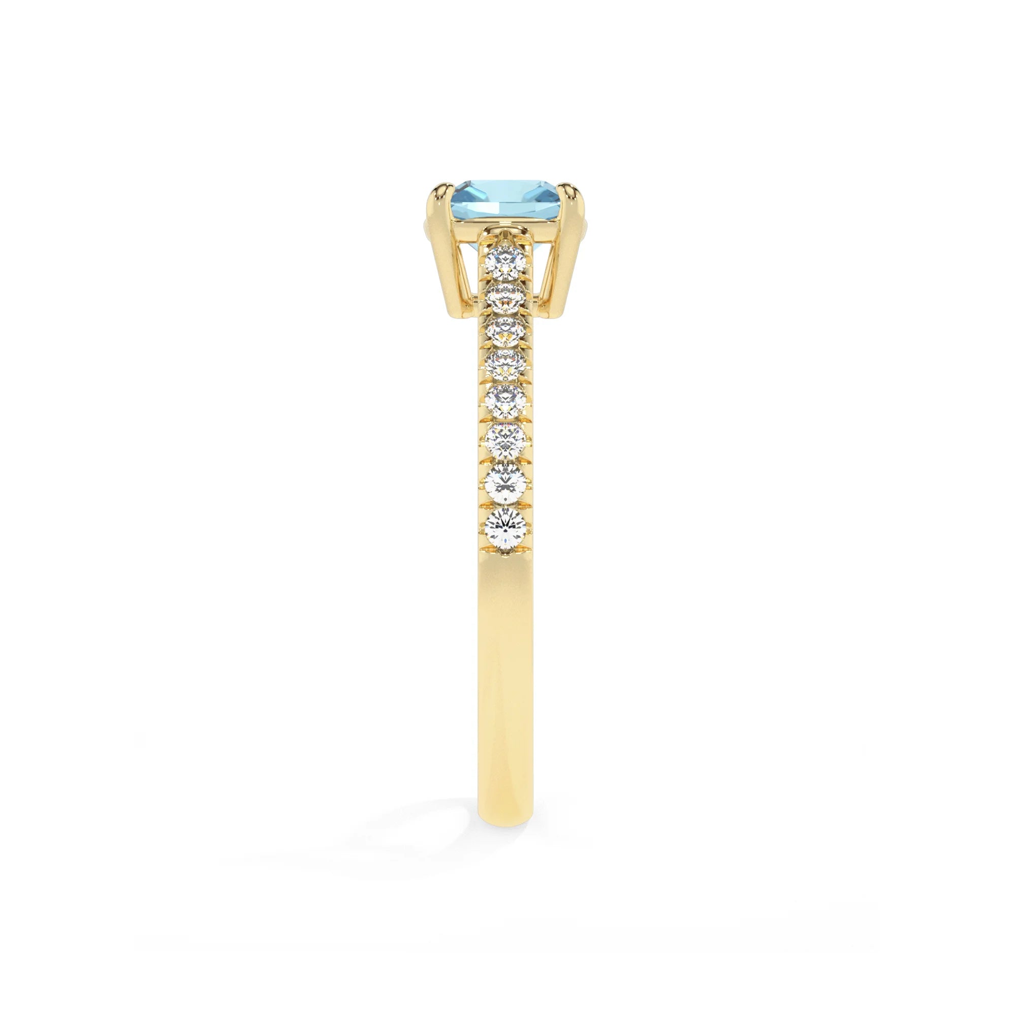 lab grown aquamarine cushion half eternity solitaire engagement rings in yellow gold