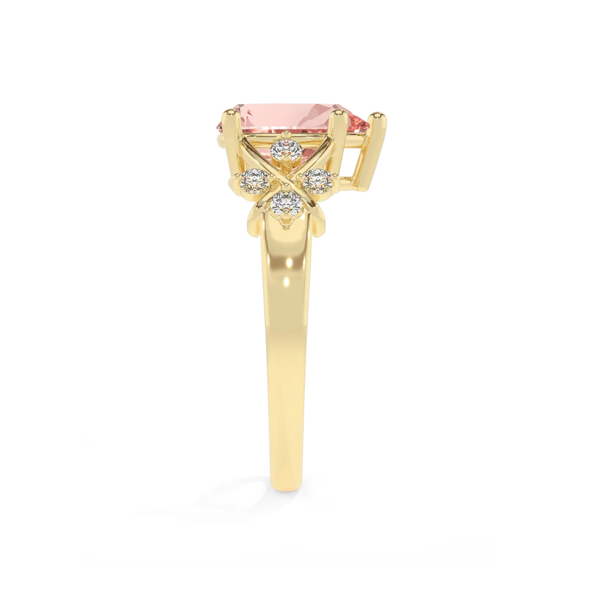 lab grown morganite pear solitaire rings in yellow gold