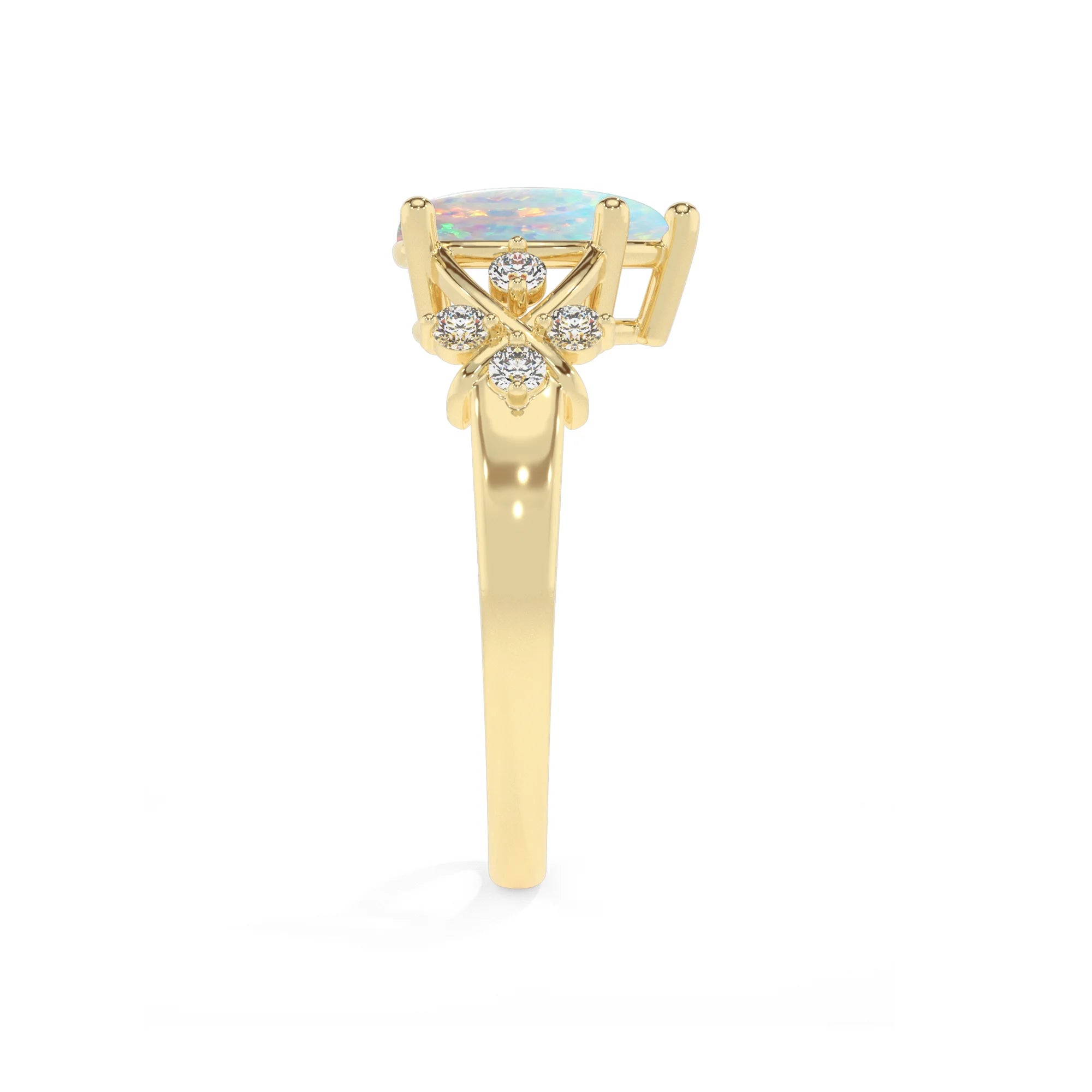 lab grown opal pear solitaire rings in yellow gold