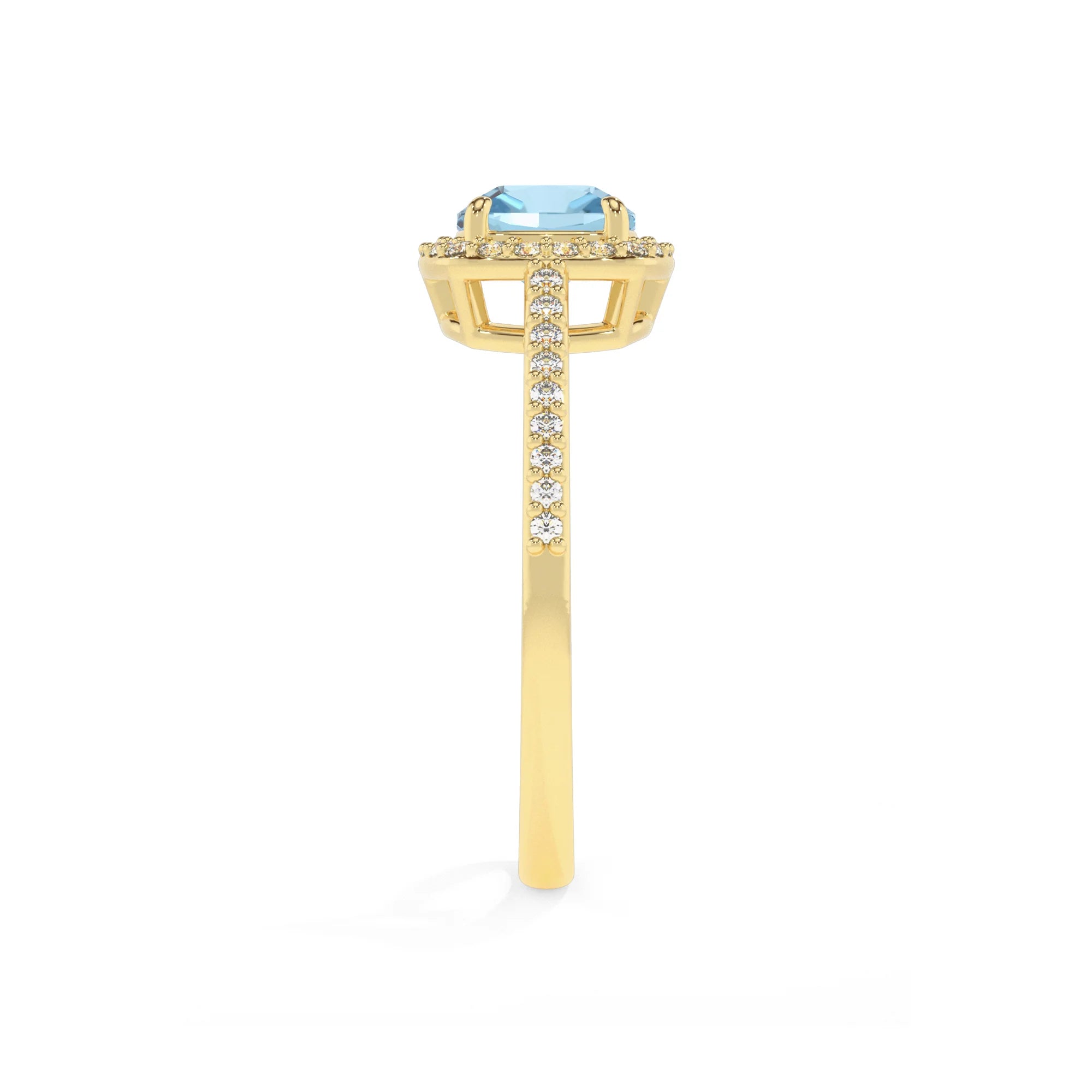 lab grown aquamarine cushion solitaire rings in yellow gold
