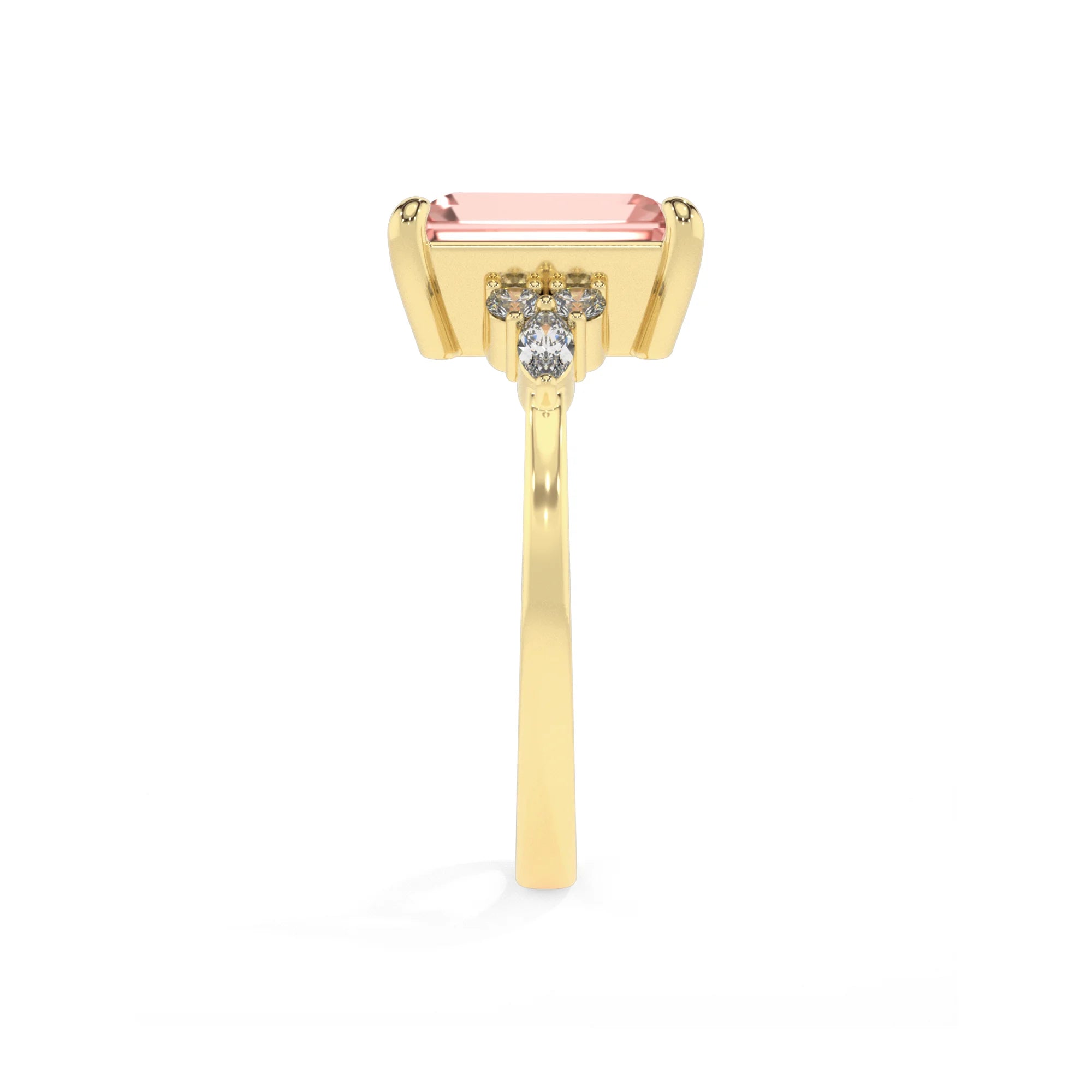 lab grown morganite emerald cut solitaire rings in yellow gold