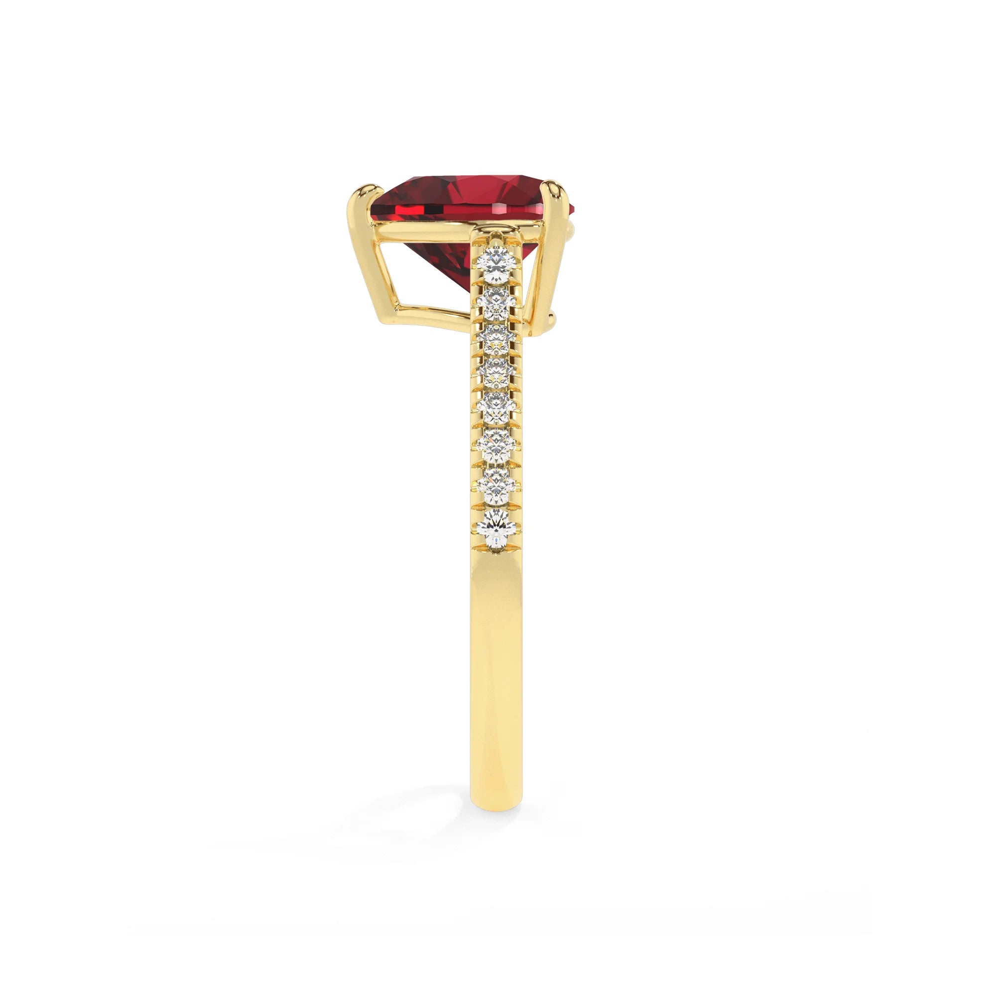 lab grown ruby heart half eternity solitaire engagement rings in yellow gold