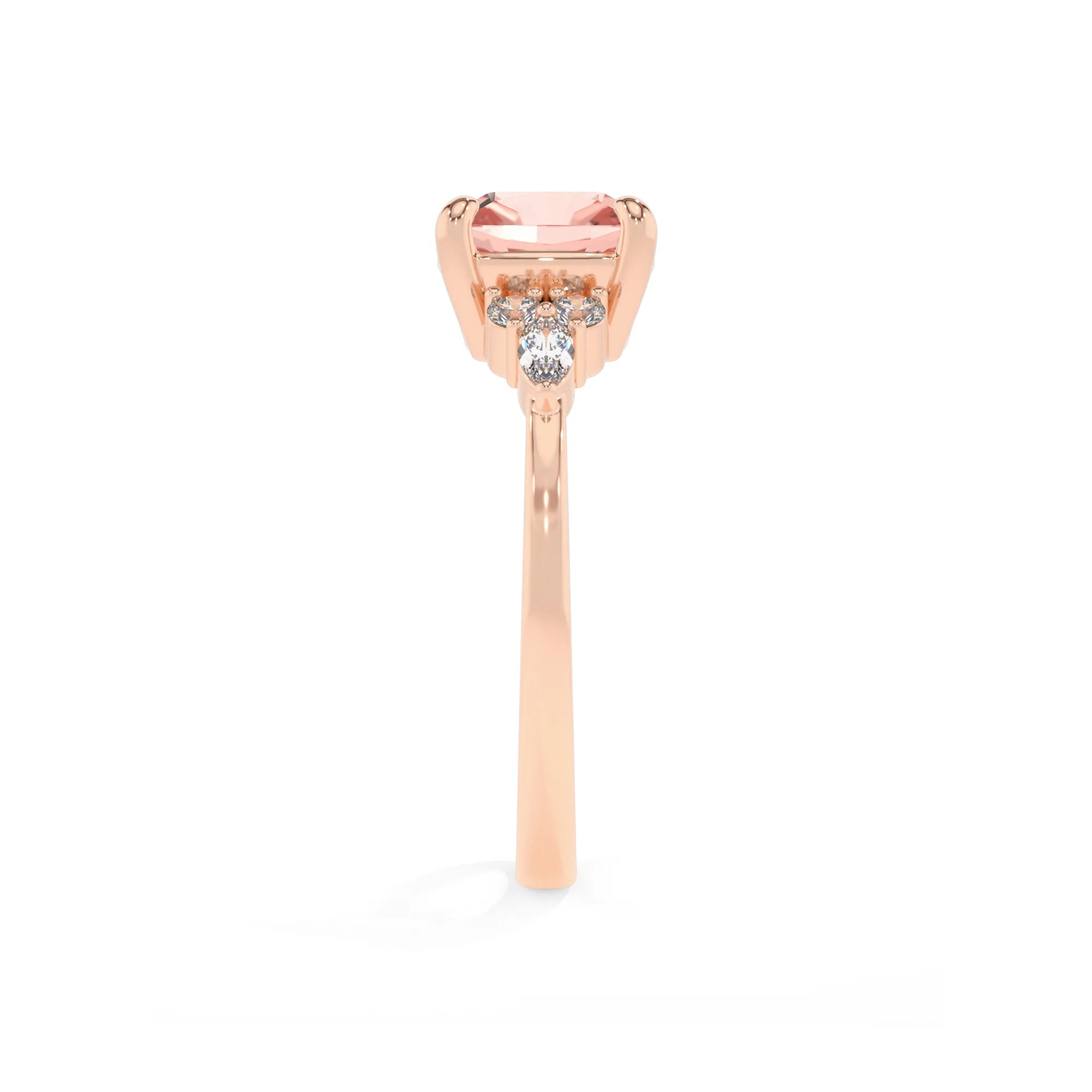 lab grown morganite cushion solitaire rings in rose gold