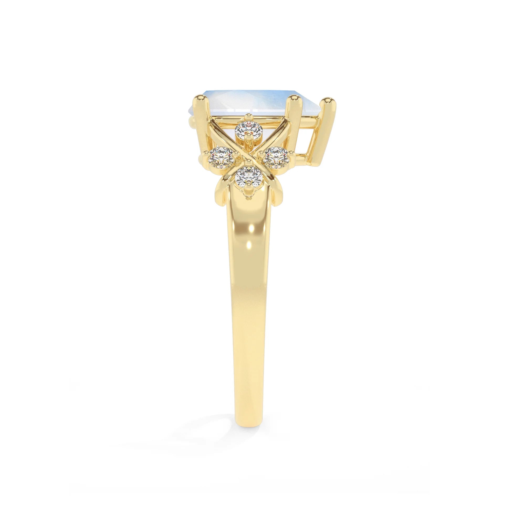 natural rainbow-moonstone pear solitaire rings in yellow gold