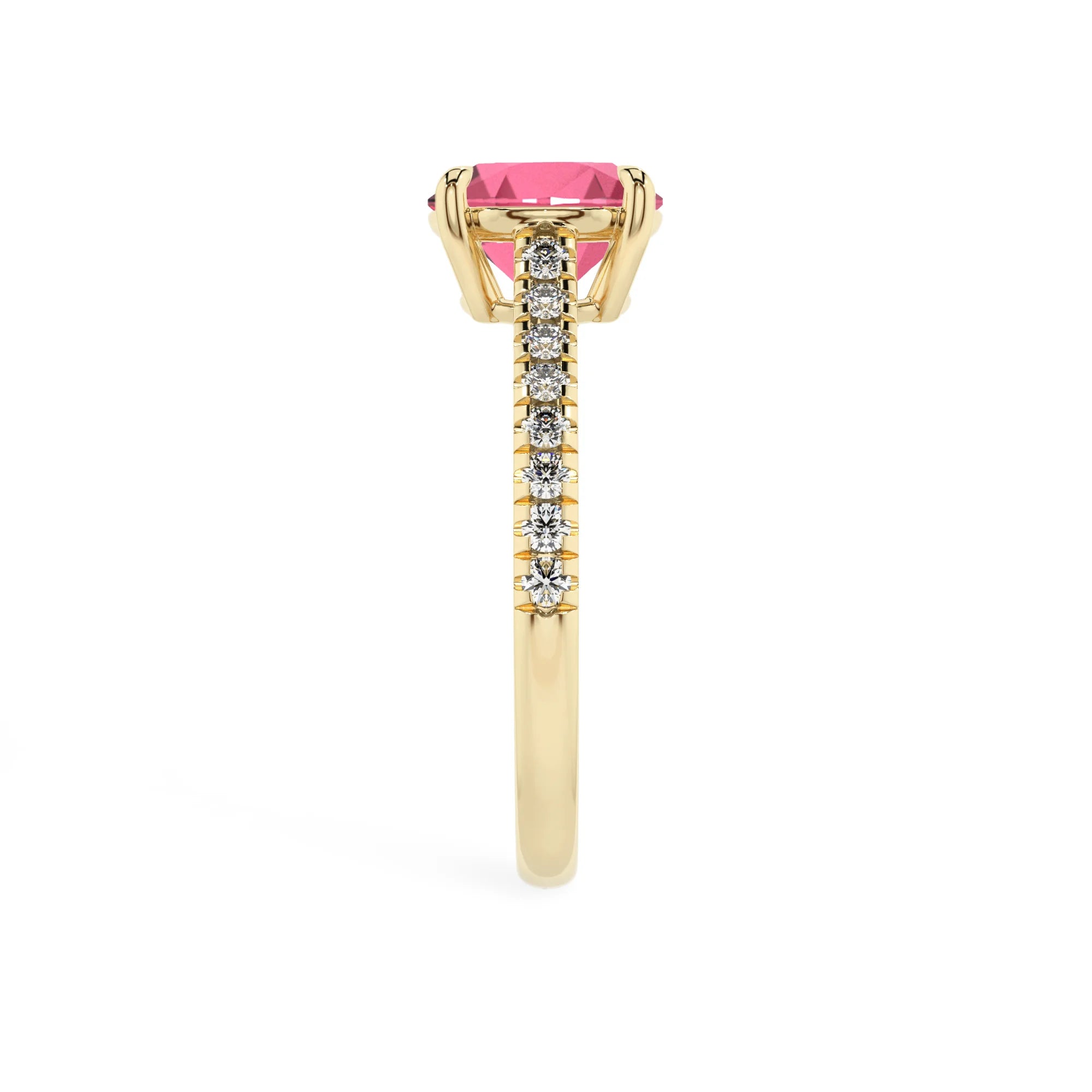 lab grown pink-tourmaline round half eternity solitaire engagement rings in yellow gold