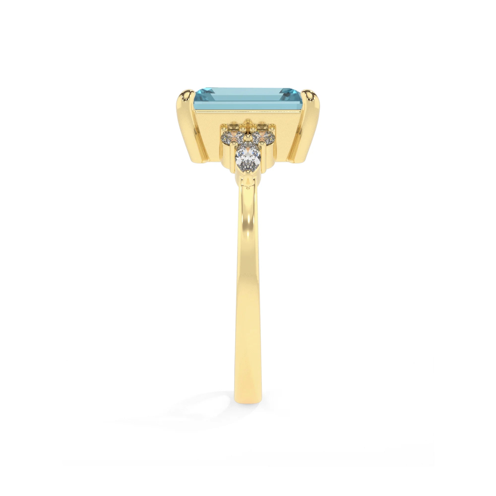 lab grown aquamarine emerald cut solitaire rings in yellow gold