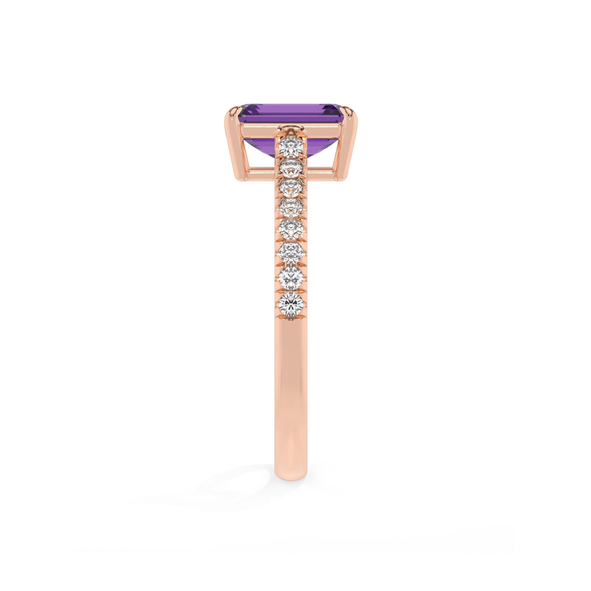 lab grown amethyst emerald cut half eternity solitaire engagement rings in rose gold