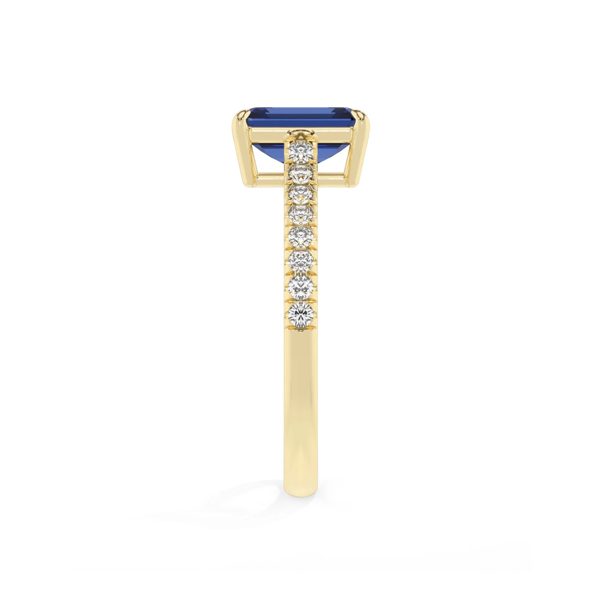 lab grown blue-sapphire emerald cut half eternity solitaire engagement rings in yellow gold