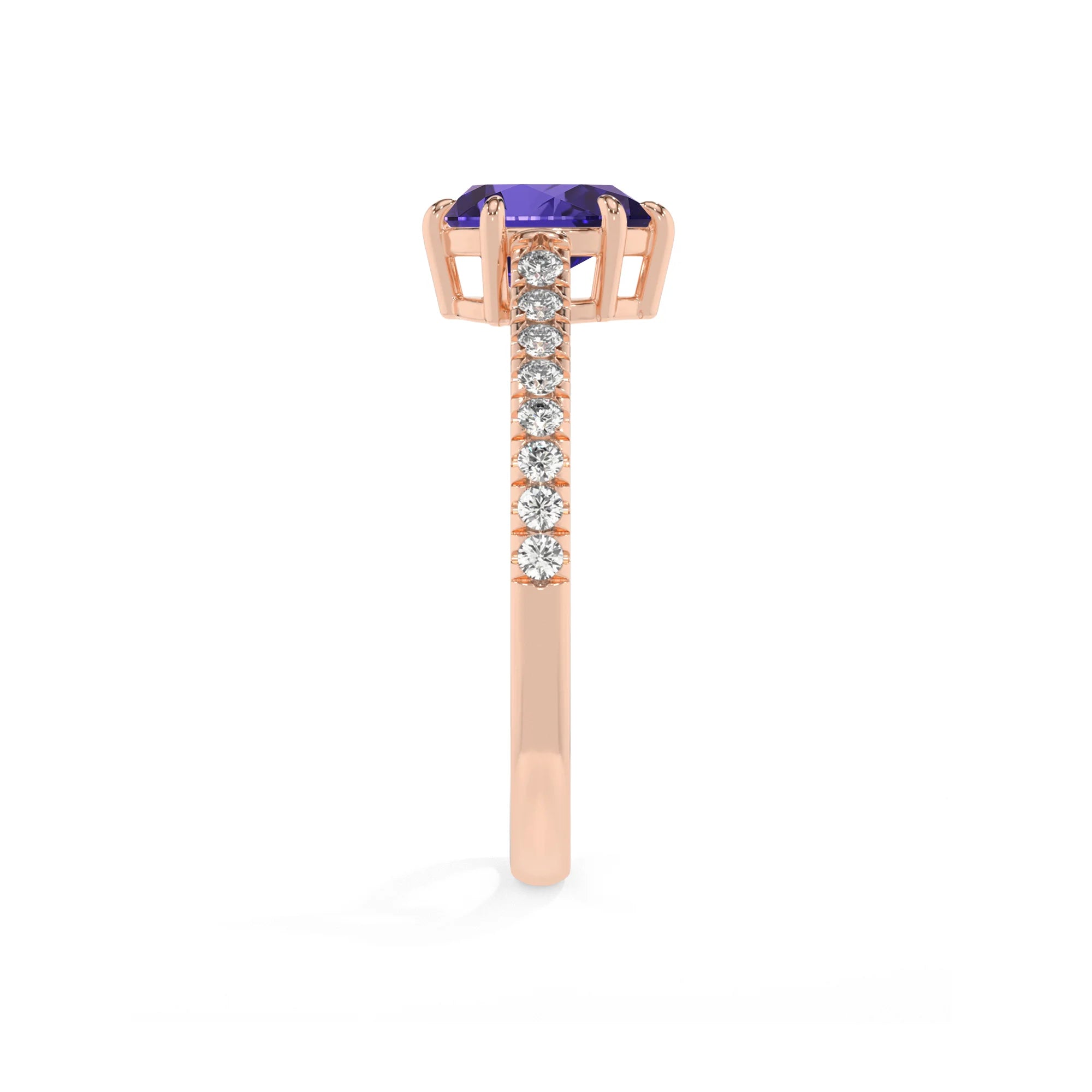 lab grown tanzanite pear half eternity solitaire engagement rings in rose gold