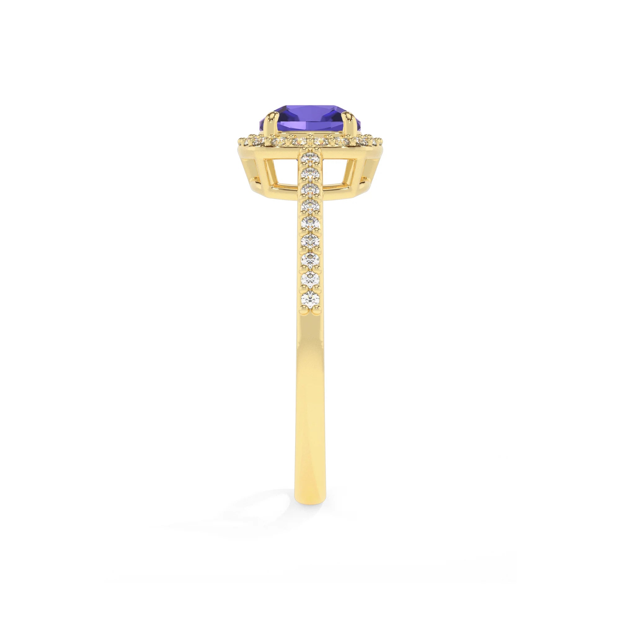 lab grown tanzanite cushion solitaire rings in yellow gold