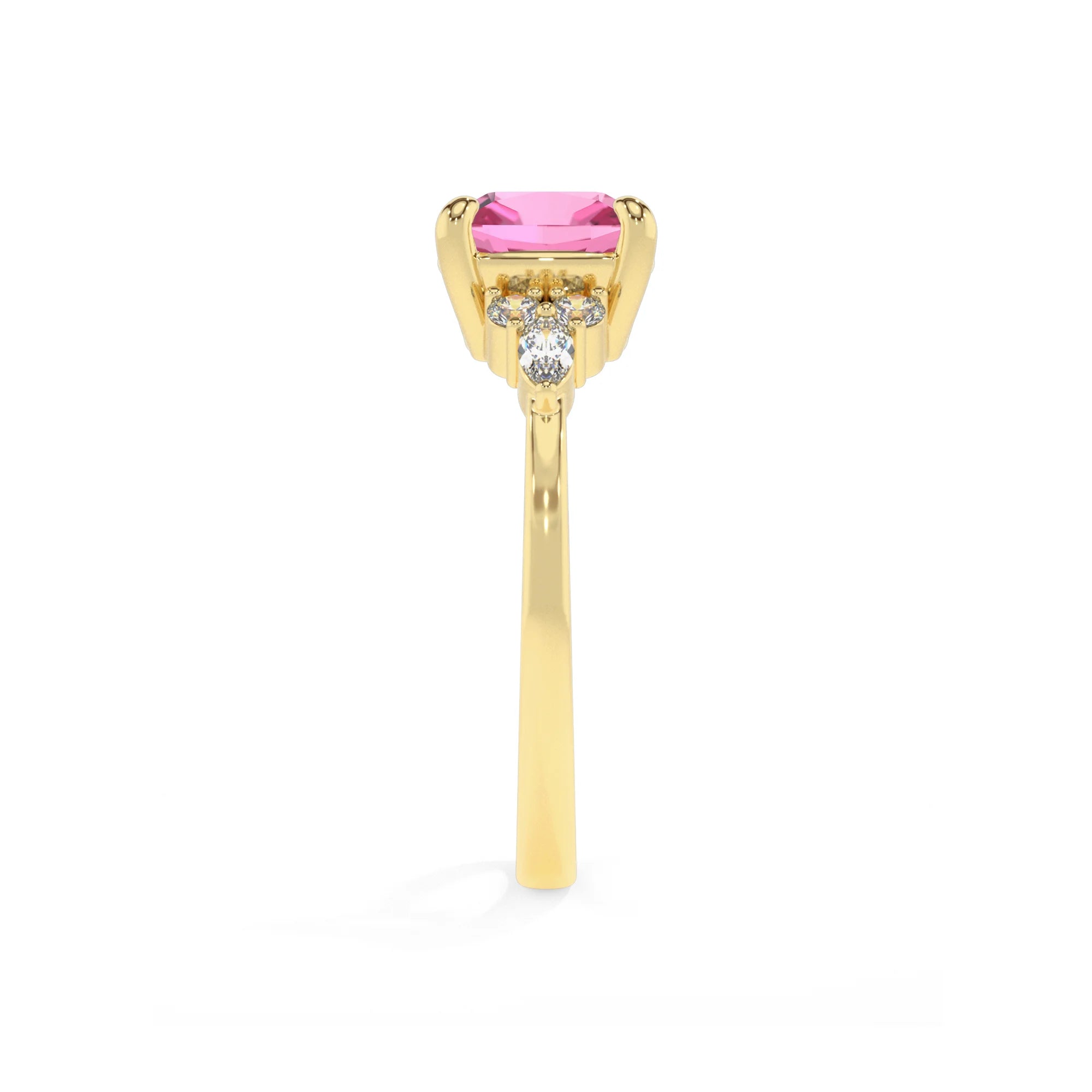 lab grown pink-sapphire cushion solitaire rings in yellow gold