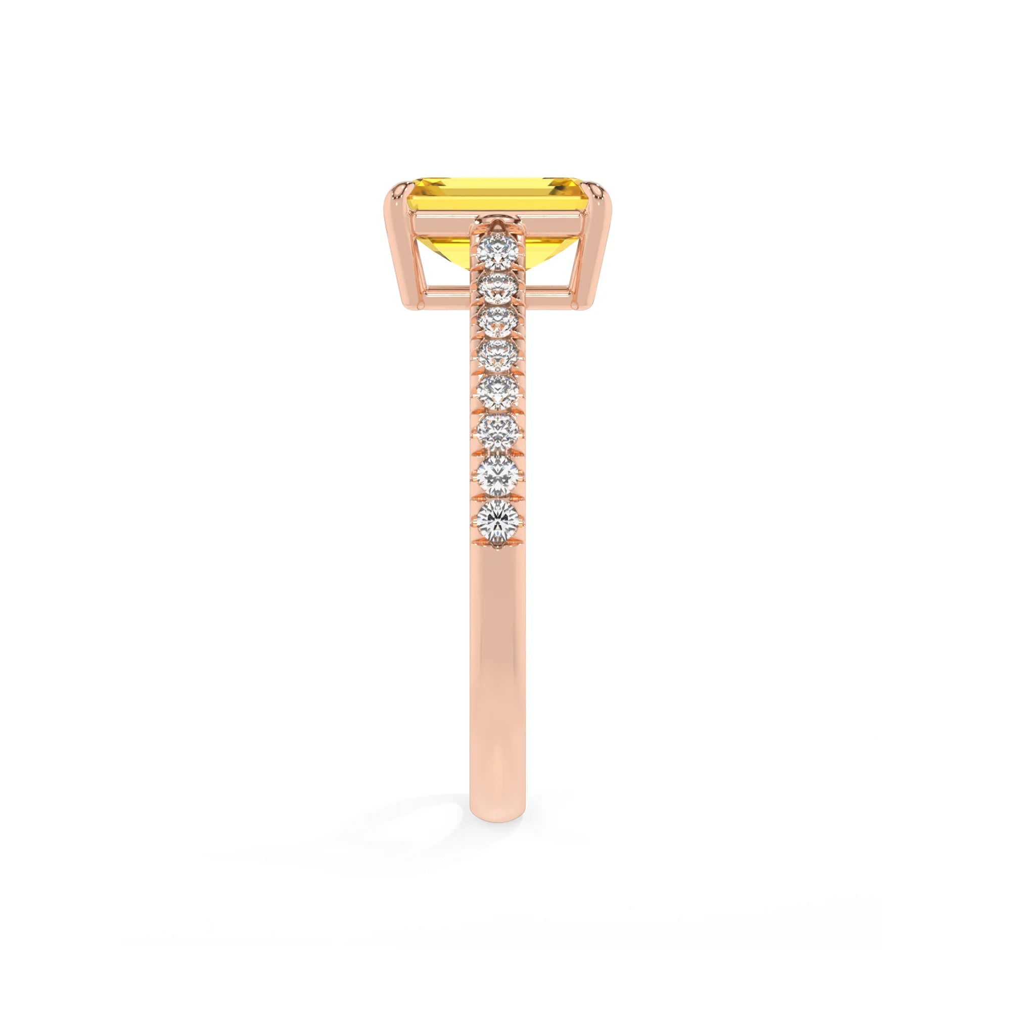 lab grown yellow-sapphire emerald cut half eternity solitaire engagement rings in rose gold