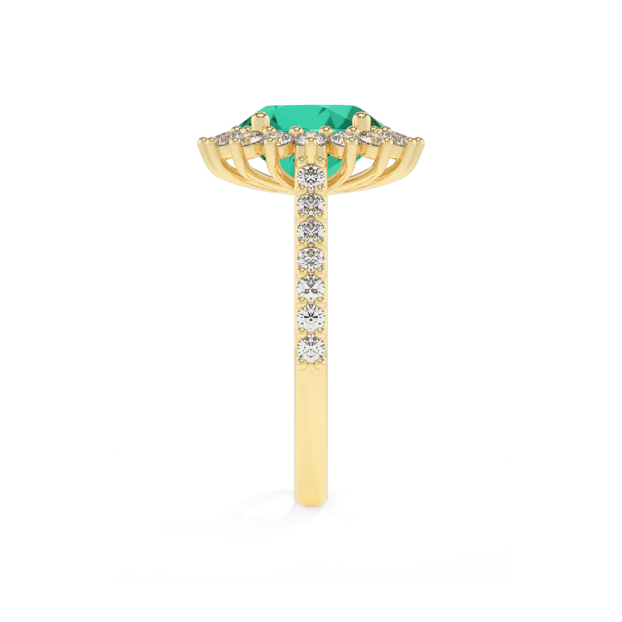 lab grown emerald round solitaire rings in yellow gold