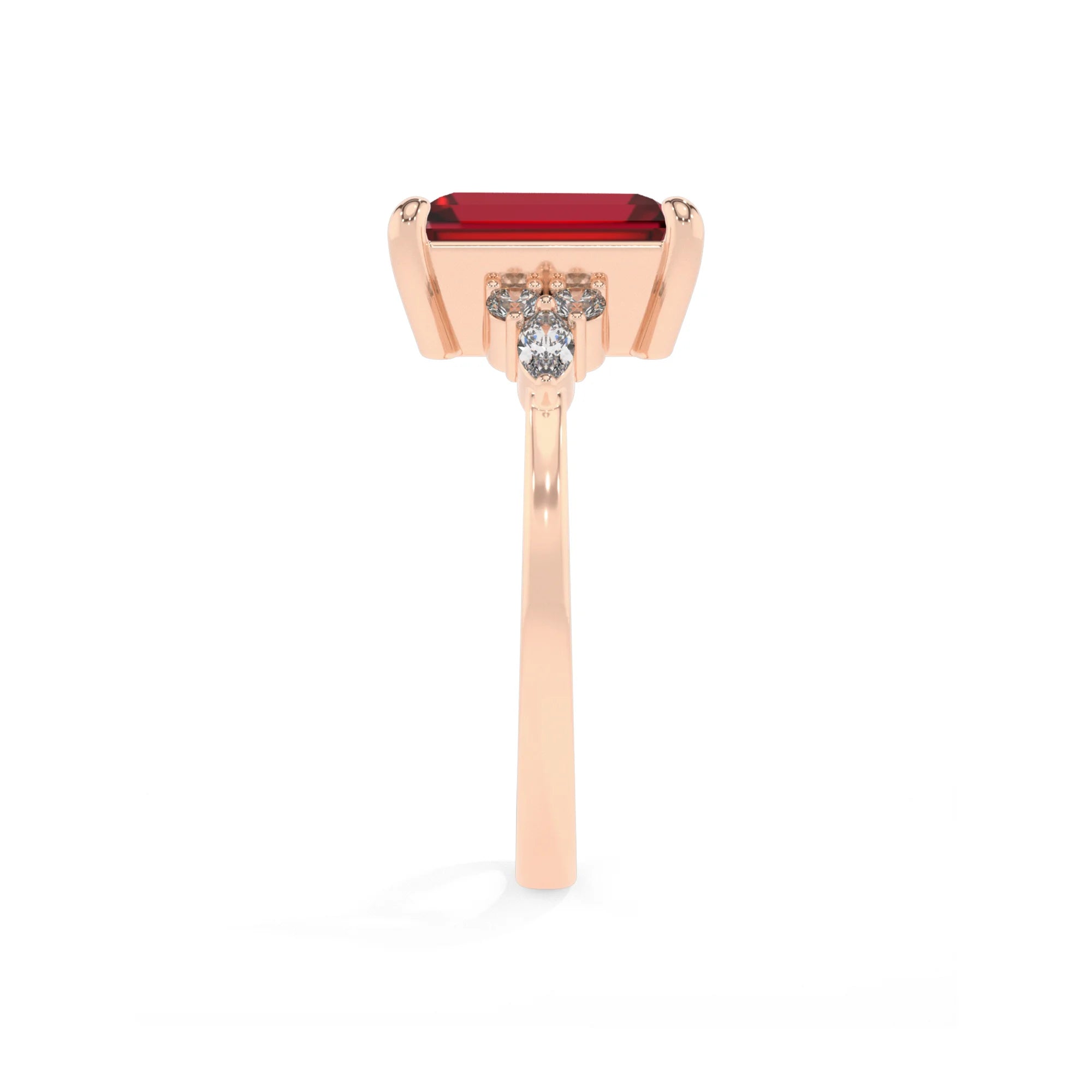 lab grown ruby emerald cut solitaire rings in rose gold